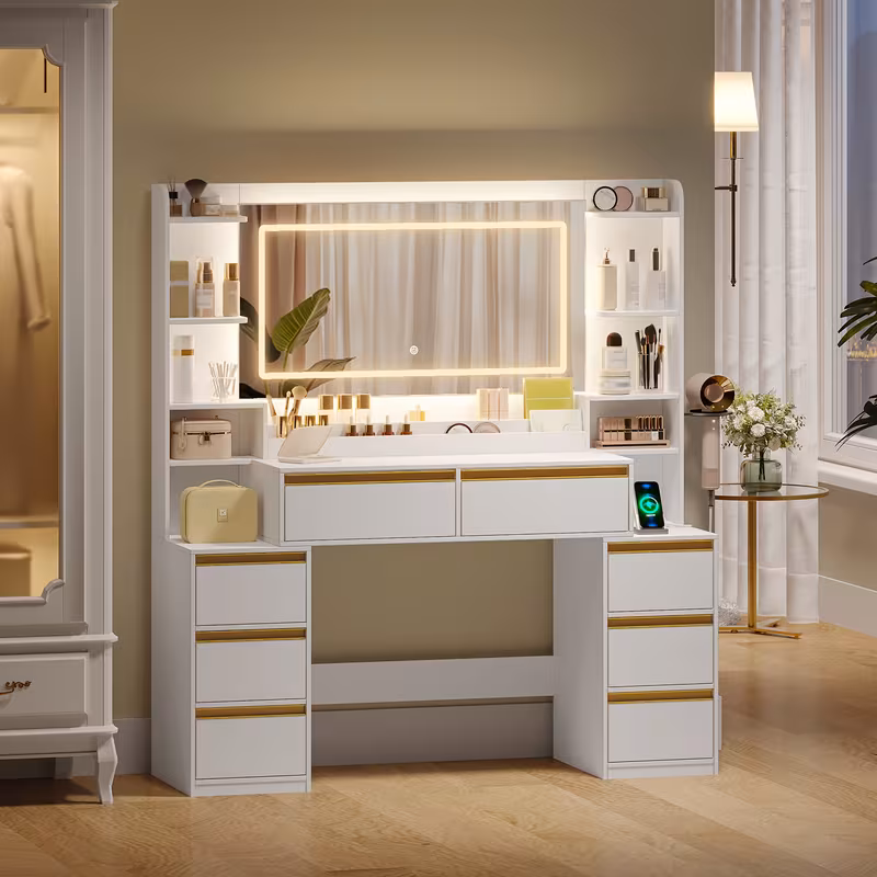 , coiffeuse et support pour sèche-cheveux, 8 tiroirs, compartiments *, 40 X 135 X 145.2 Cm, coiffeuse blanche moderne