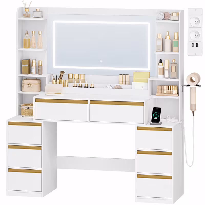 , coiffeuse et support pour sèche-cheveux, 8 tiroirs, compartiments *, 40 X 135 X 145.2 Cm, coiffeuse blanche moderne — vue 5
