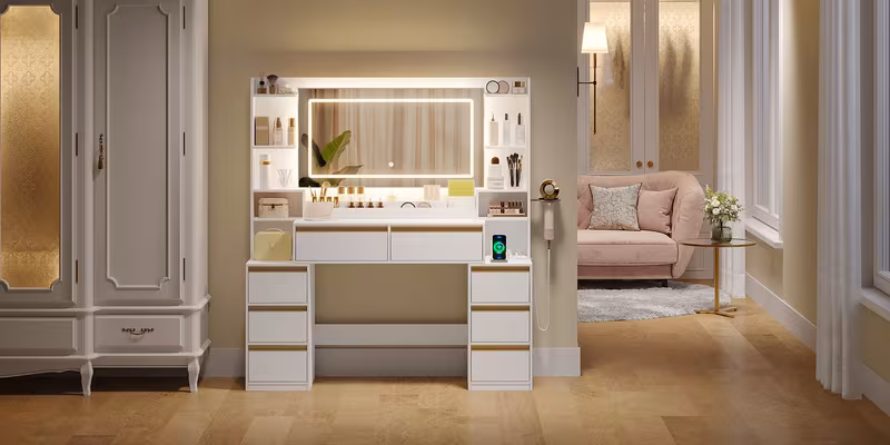, coiffeuse et support pour sèche-cheveux, 8 tiroirs, compartiments *, 40 X 135 X 145.2 Cm, coiffeuse blanche moderne — vue 8