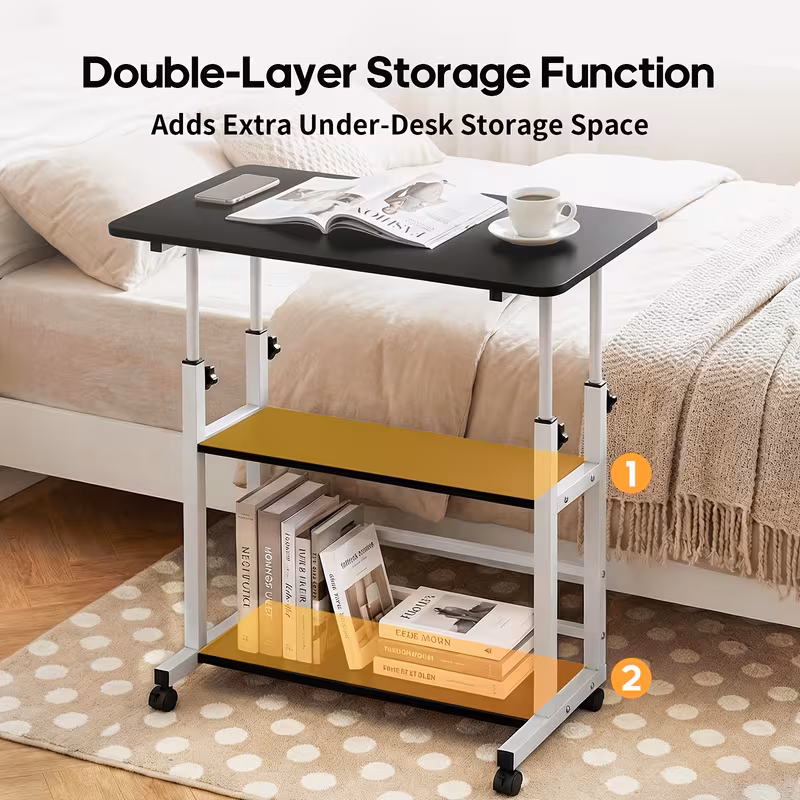 Bureau à hauteur réglable, bureau mobile avec roulettes universelles, rangement à double *, stable et confortable, table robuste et durable, facile à monter, convient pour à domicile