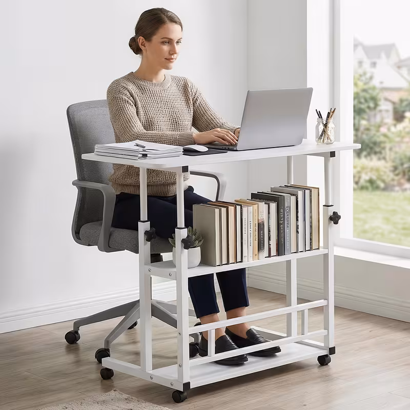 Bureau à hauteur réglable, bureau mobile avec roulettes universelles, rangement à double *, stable et confortable, table robuste et durable, facile à monter, convient pour à domicile — vue 2