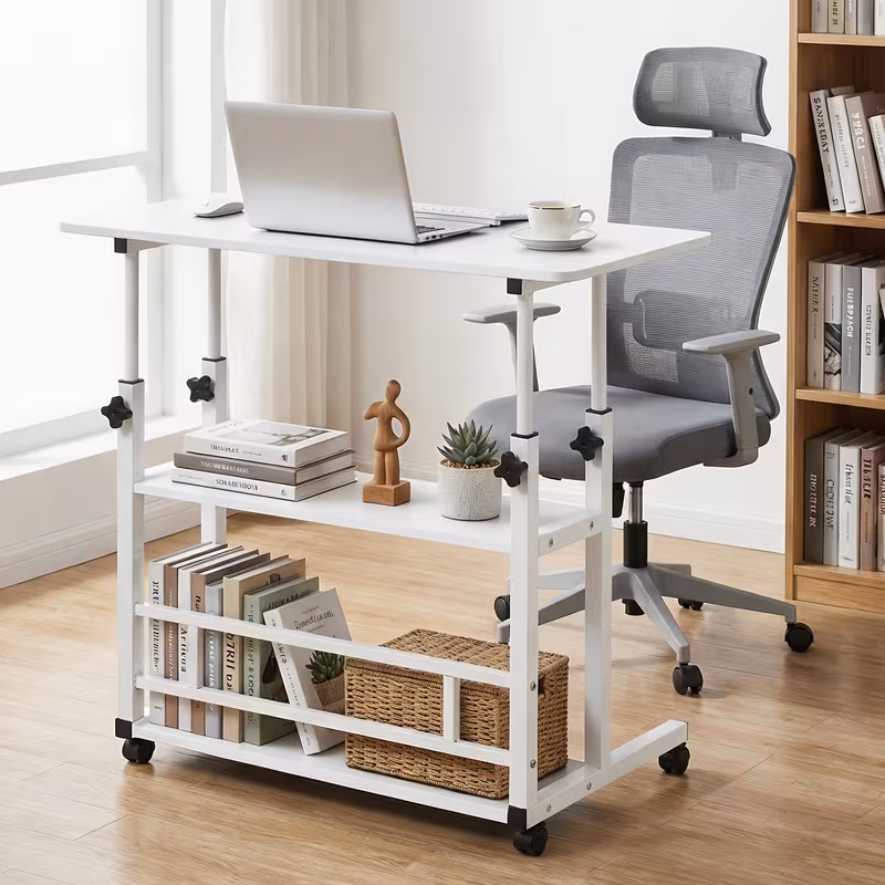 Bureau à hauteur réglable, bureau mobile avec roulettes universelles, rangement à double *, stable et confortable, table robuste et durable, facile à monter, convient pour à domicile — vue 4