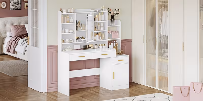 Coiffeuse avec 3 Tiroirs et 1 Placard, Étagères Ouvertes à Niveaux Multiples, pour Chambre, Dressing, 40 x 130 x 149 cm