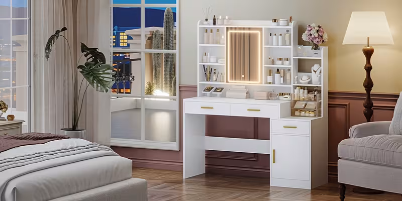 Coiffeuse avec 3 Tiroirs et 1 Placard, Étagères Ouvertes à Niveaux Multiples, pour Chambre, Dressing, 40 x 130 x 149 cm — vue 2