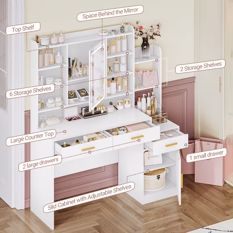 Coiffeuse avec 3 Tiroirs et 1 Placard, Étagères Ouvertes à Niveaux Multiples, pour Chambre, Dressing, 40 x 130 x 149 cm — vue 4