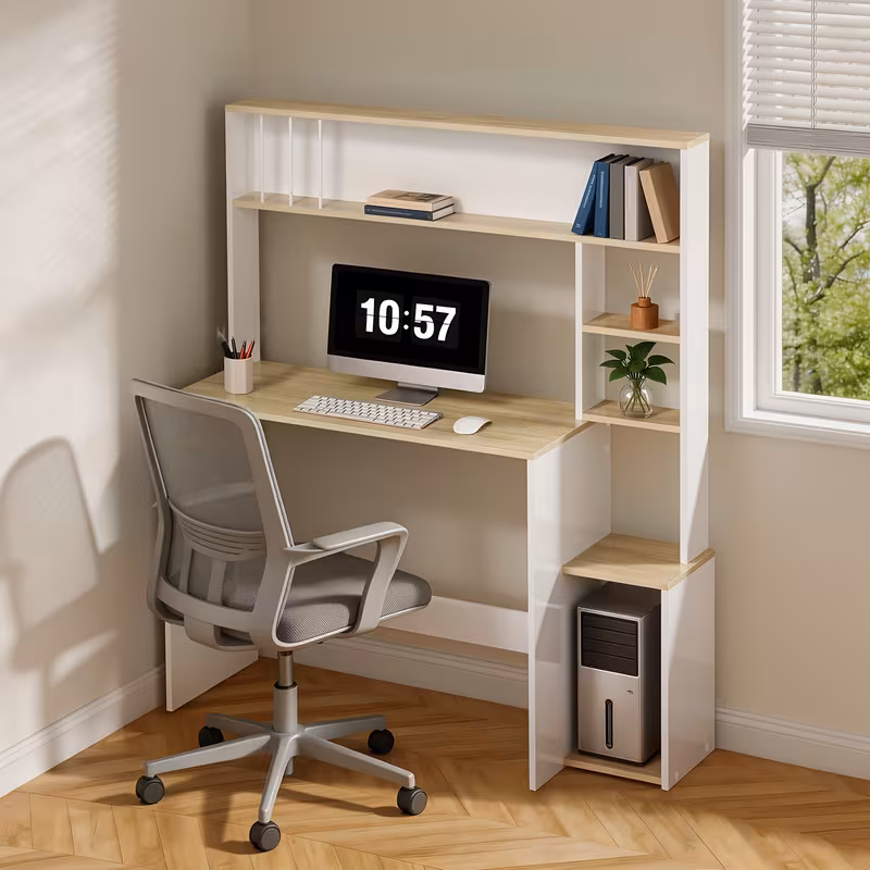 1pc Bureau, Bureau d'Ordinateur avec Étagère, 5 Étagères, Table de Jeu avec Rangement
