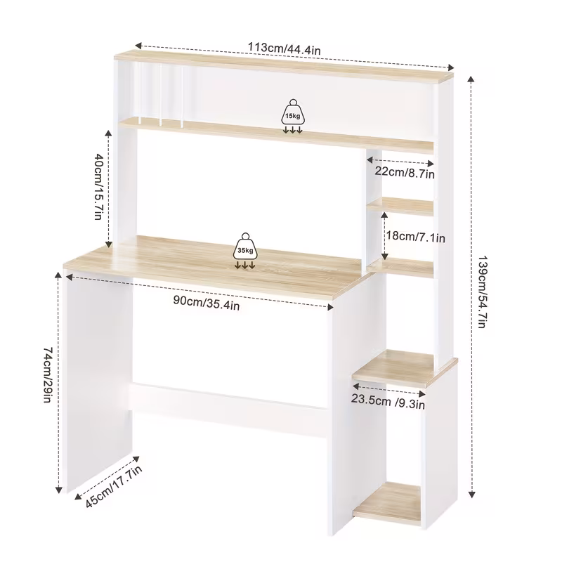 1pc Bureau, Bureau d'Ordinateur avec Étagère, 5 Étagères, Table de Jeu avec Rangement — vue 3