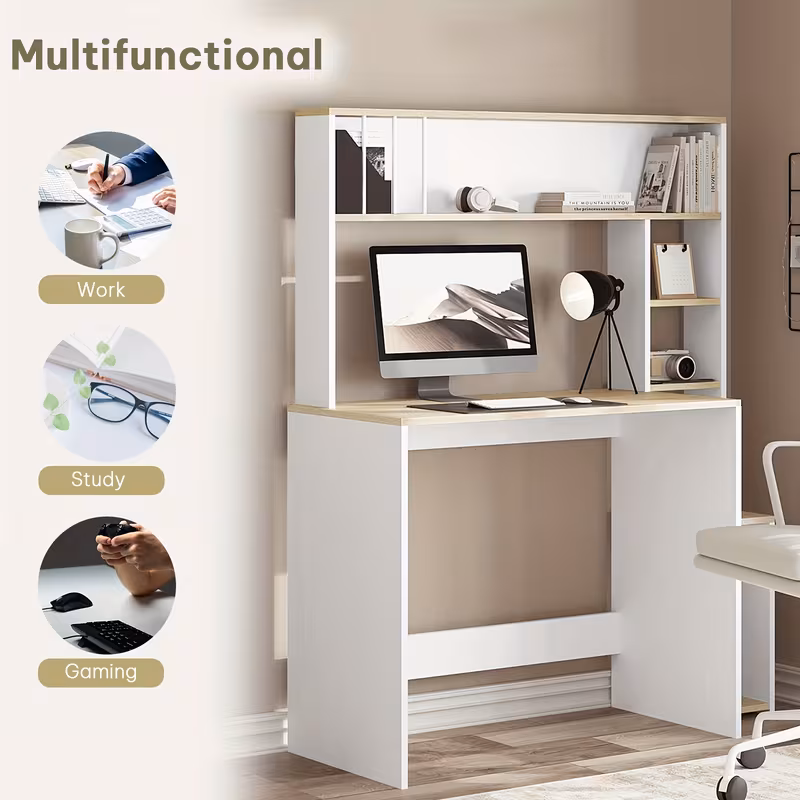 1pc Bureau, Bureau d'Ordinateur avec Étagère, 5 Étagères, Table de Jeu avec Rangement — vue 4