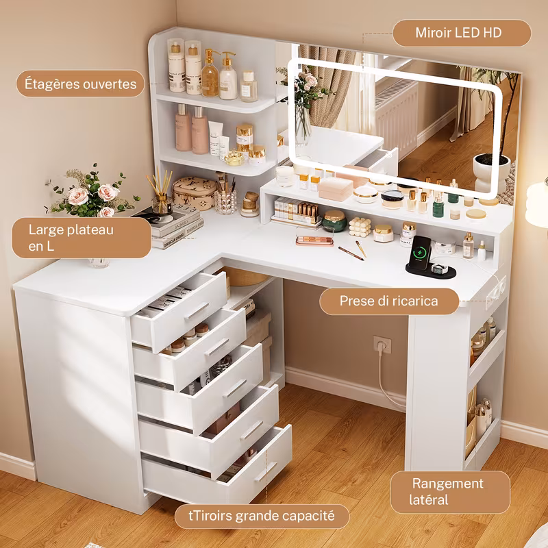 Coiffeuse Moderne avec 5 Tiroirs et HD, Table de Maquillage Blanche avec 5 Étagères, pour Chambre