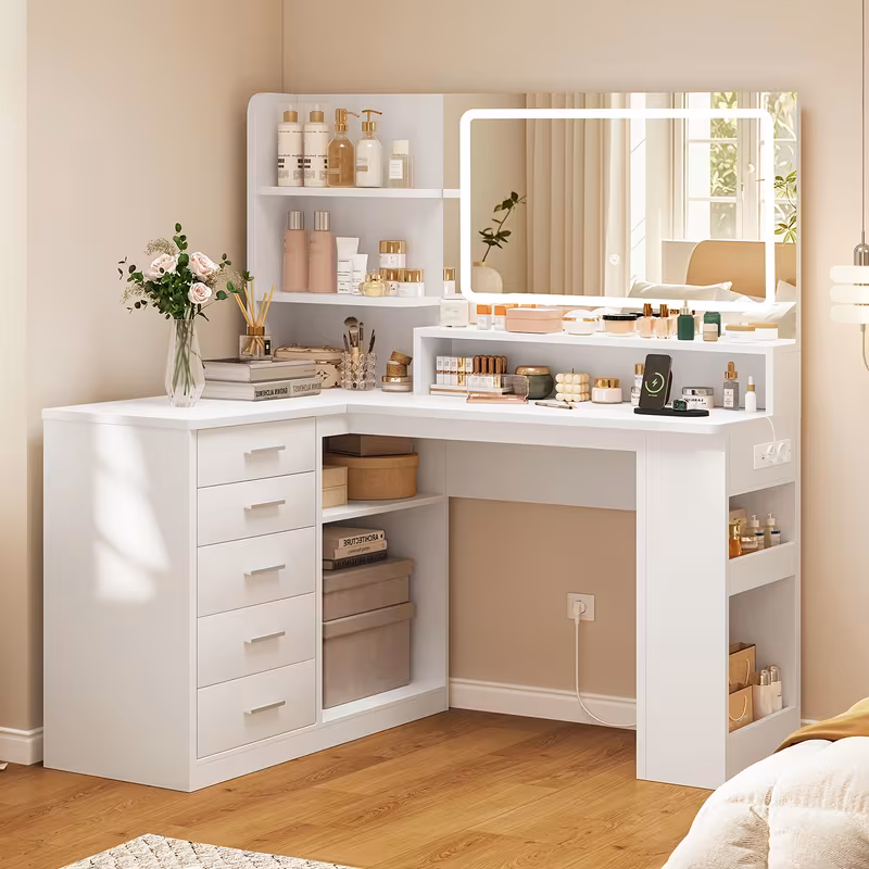 Coiffeuse Moderne avec 5 Tiroirs et HD, Table de Maquillage Blanche avec 5 Étagères, pour Chambre — vue 2