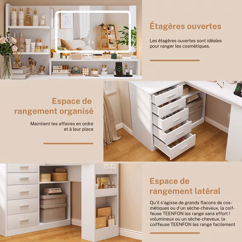 Coiffeuse Moderne avec 5 Tiroirs et HD, Table de Maquillage Blanche avec 5 Étagères, pour Chambre — vue 3