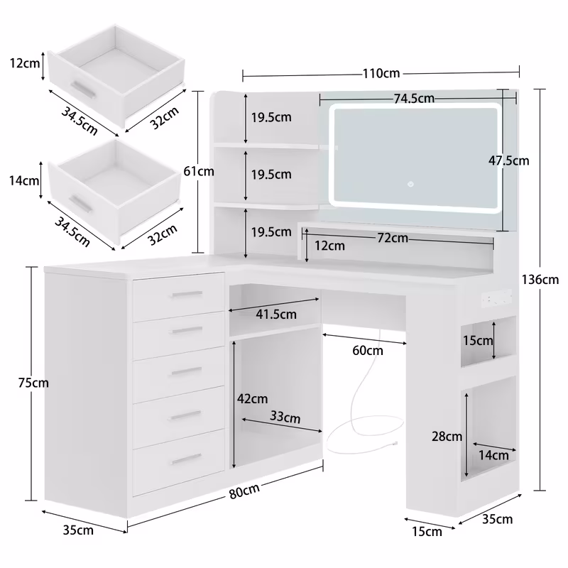 Coiffeuse Moderne avec 5 Tiroirs et HD, Table de Maquillage Blanche avec 5 Étagères, pour Chambre — vue 4