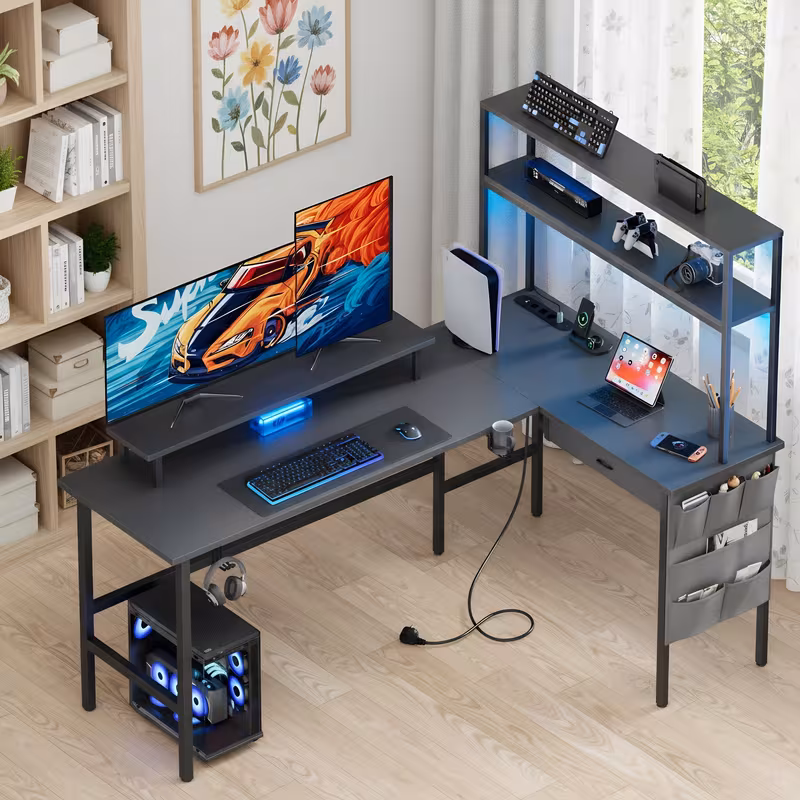 Bureau de jeu en L avec lumière LED et prise d'alimentation — vue 2