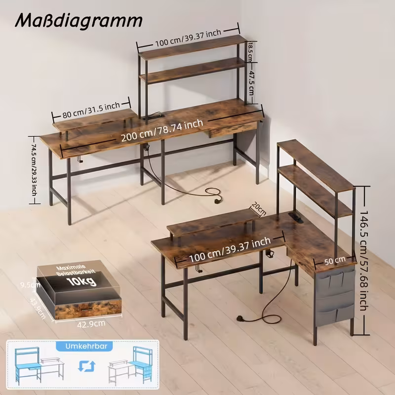 Bureau de jeu en L avec lumière LED et prise d'alimentation — vue 3