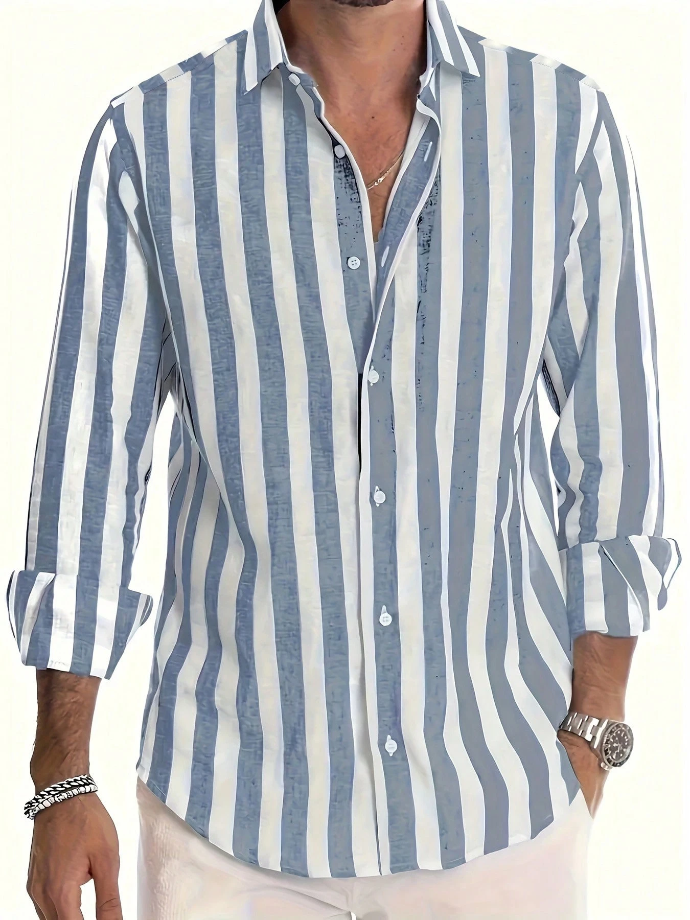 Chemise décontractée pour homme à manches longues, col montant, boutonnée, en matériau rigide