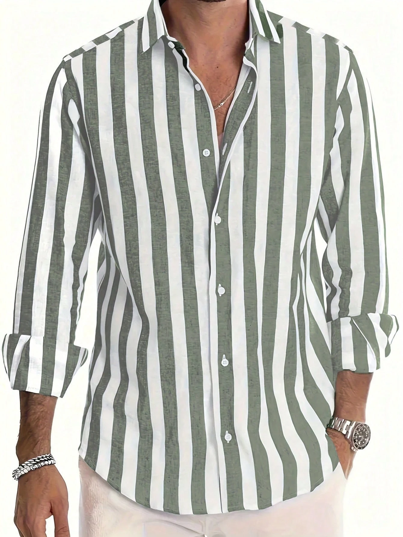 Chemise décontractée pour homme à manches longues, col montant, boutonnée, en matériau rigide — vue 4