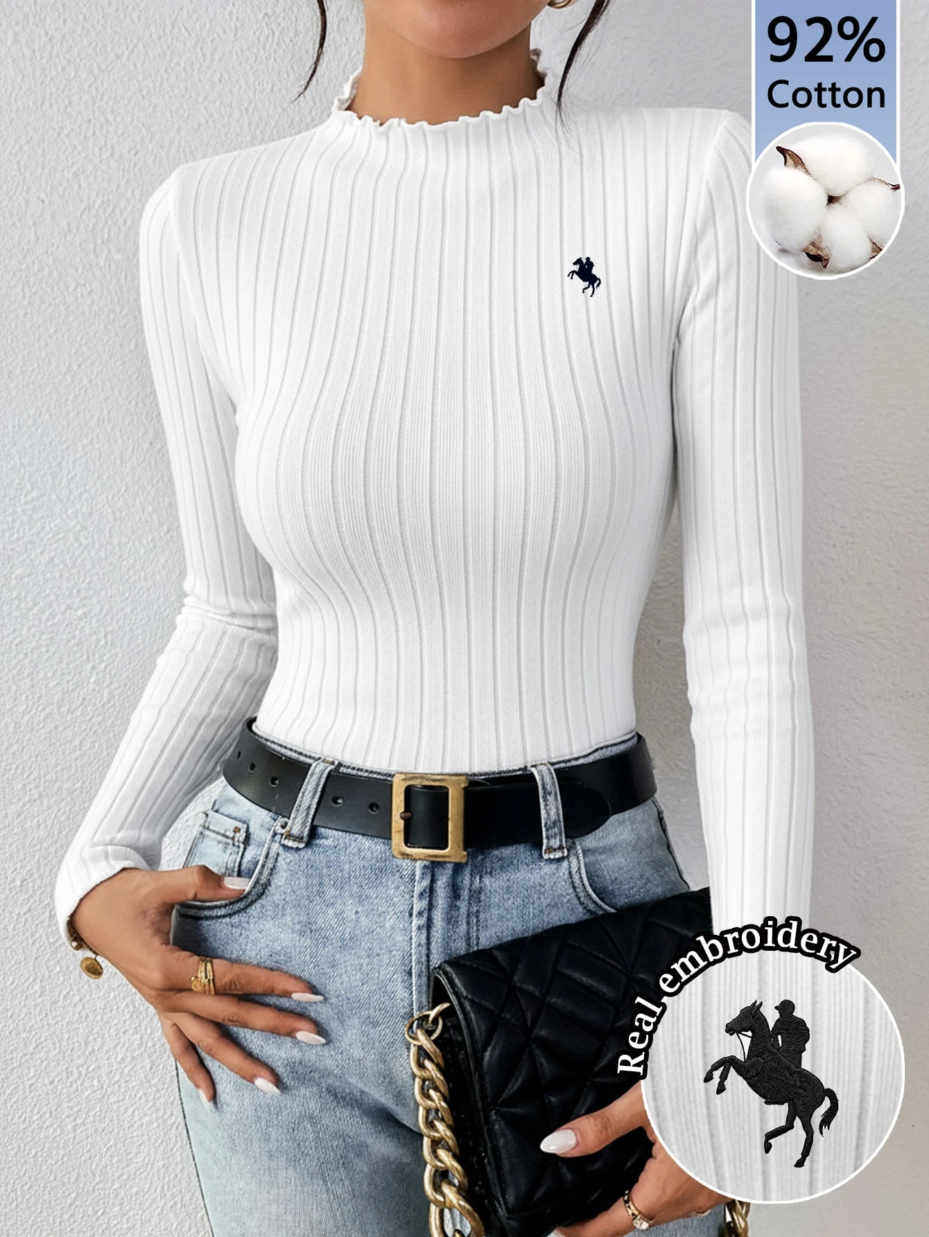 Frenchy 92% Coton T-shirt décontracté à manches longues et col rond nervuré pour femmes — vue 3