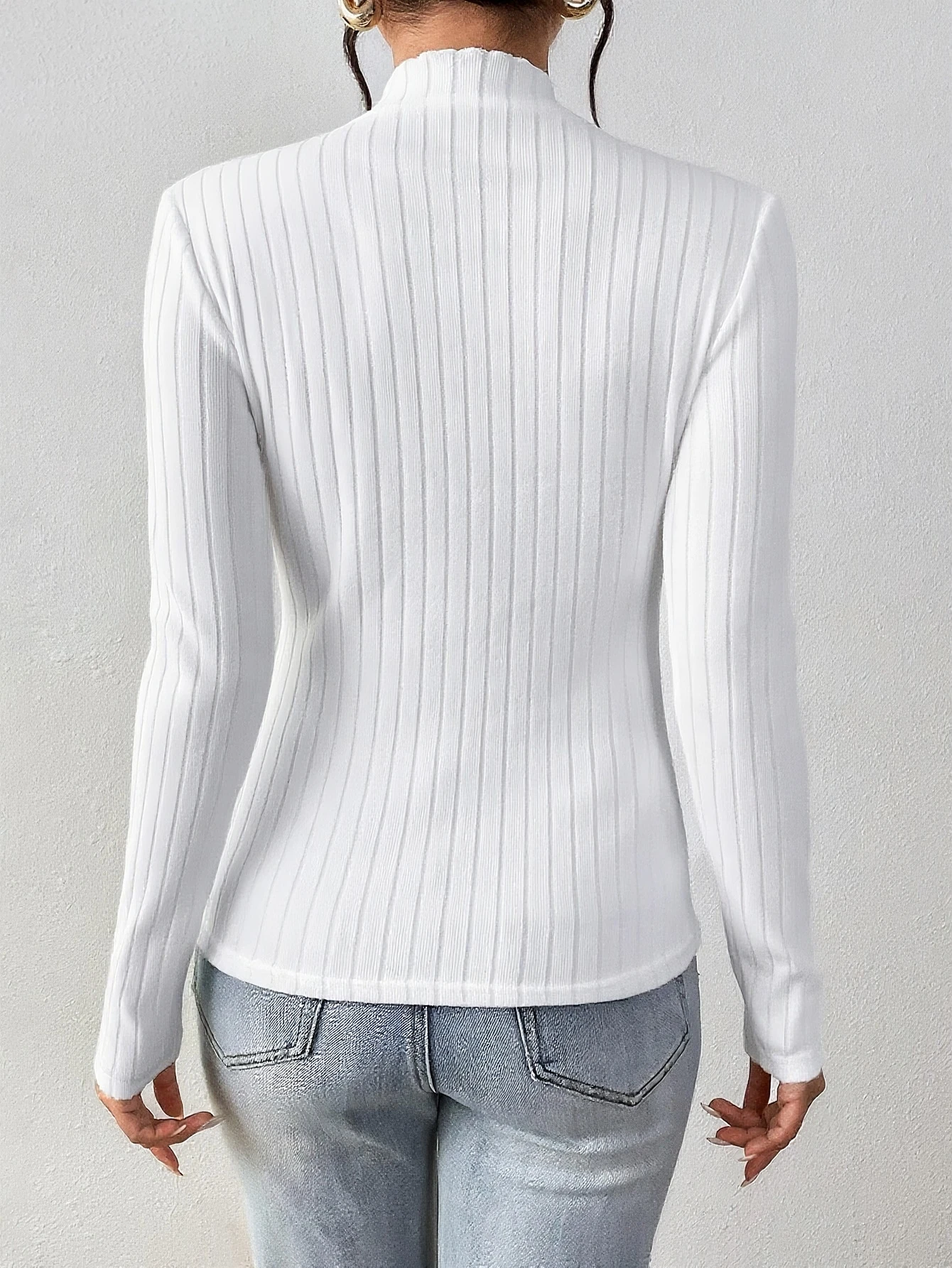 Frenchy 92% Coton T-shirt décontracté à manches longues et col rond nervuré pour femmes — vue 4