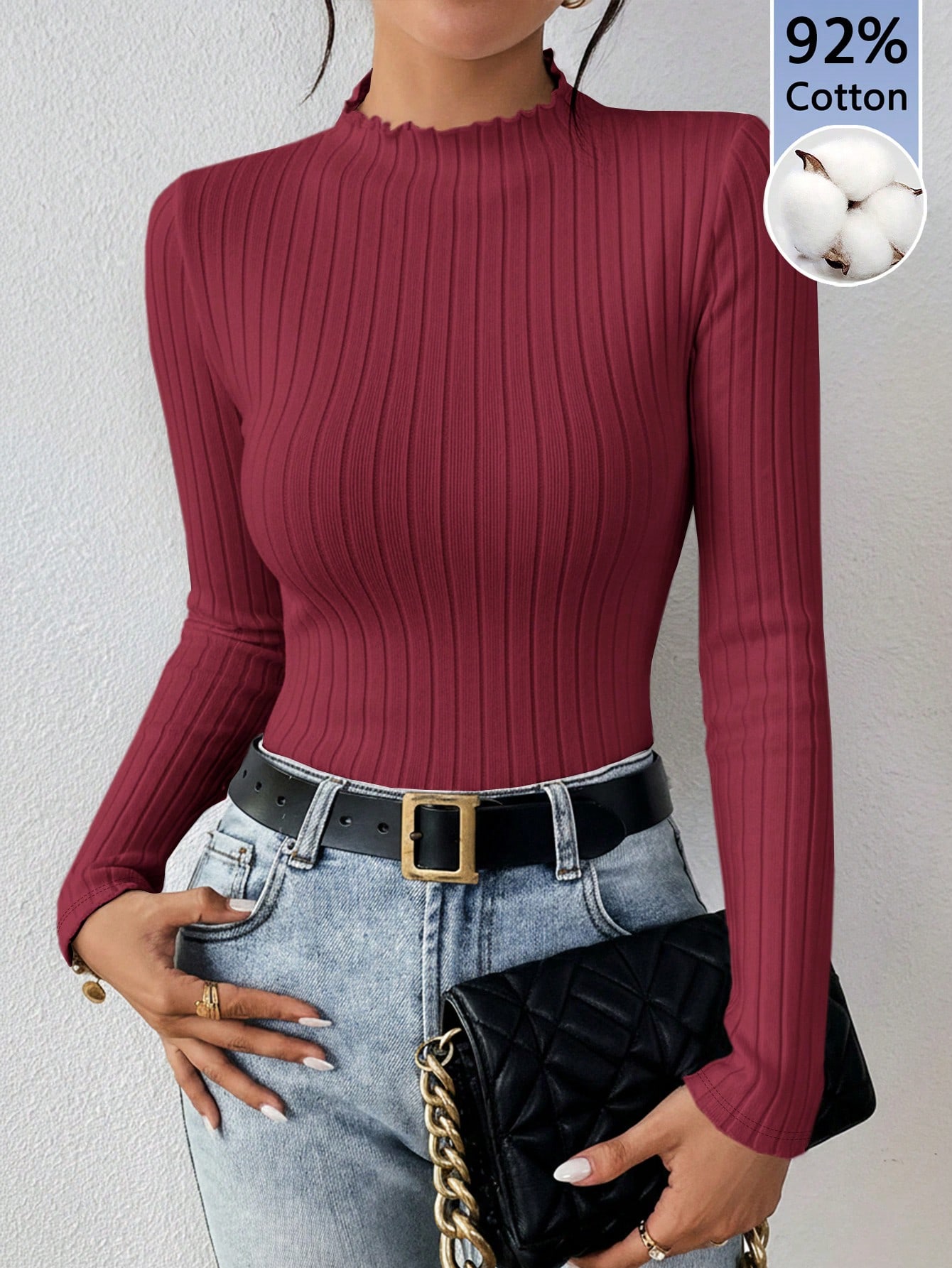 Frenchy 92% Coton T-shirt décontracté à manches longues et col rond nervuré pour femmes — vue 6