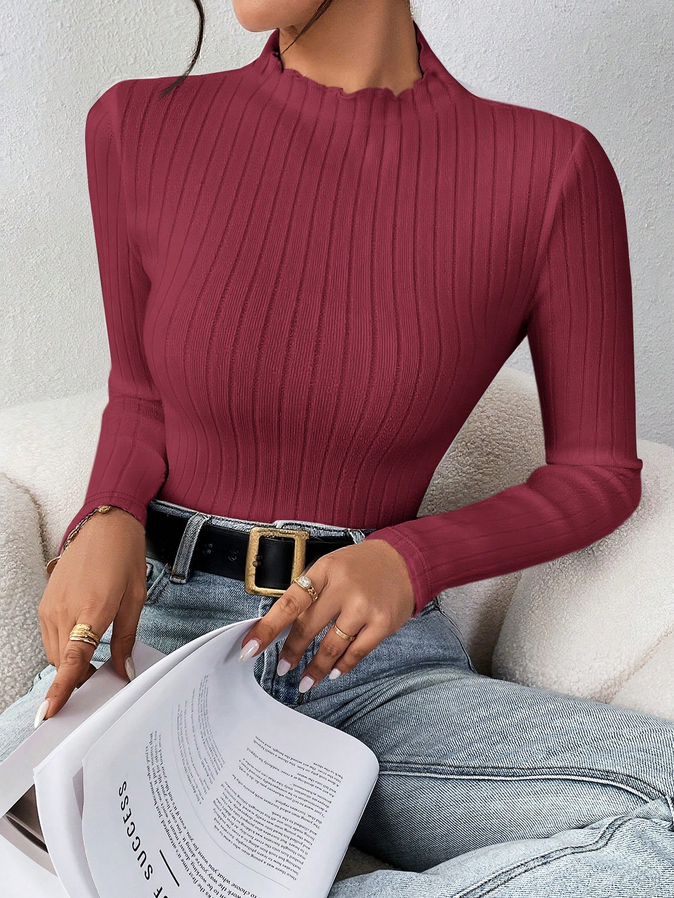 Frenchy 92% Coton T-shirt décontracté à manches longues et col rond nervuré pour femmes — vue 8