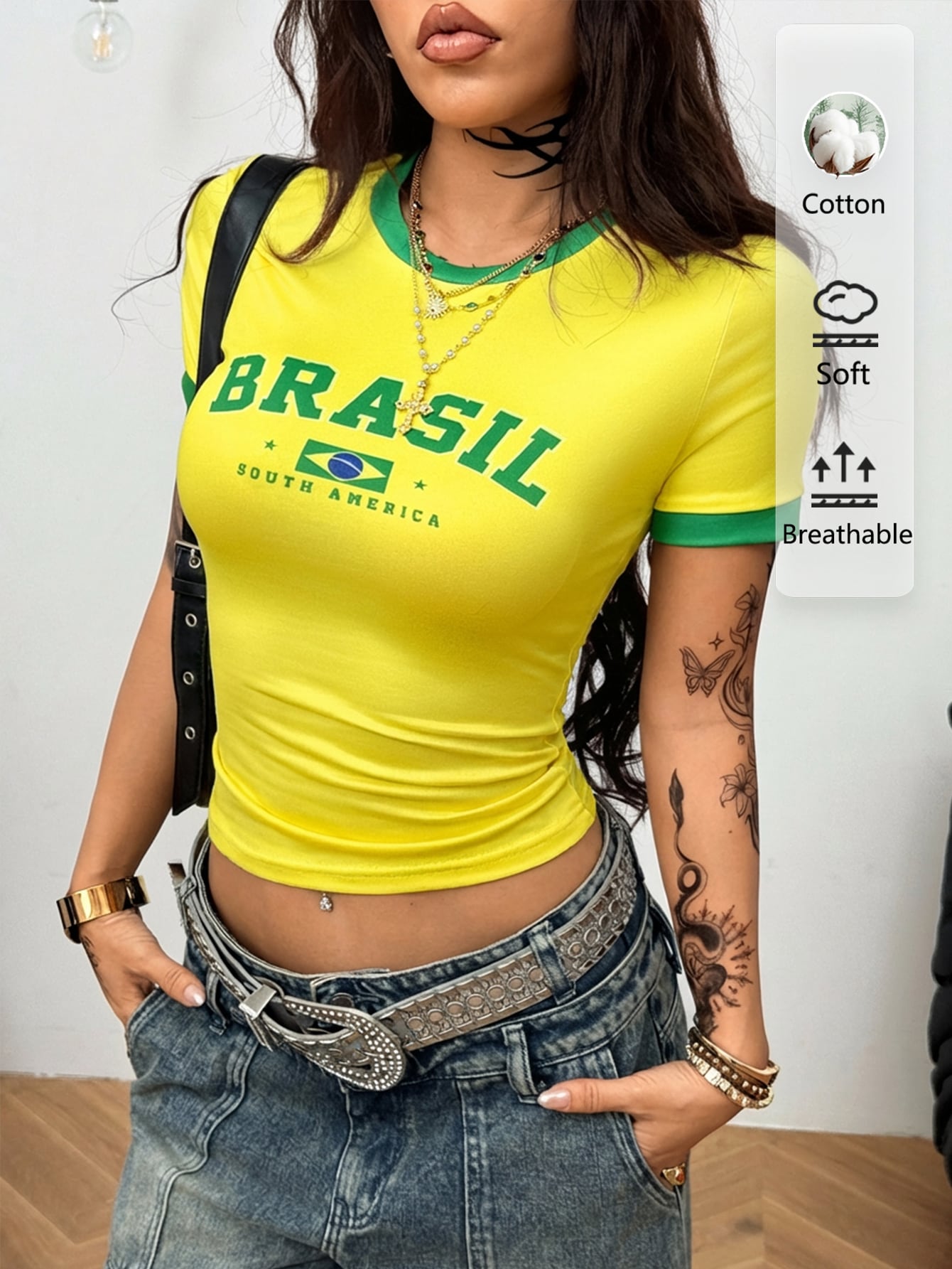Coolane Top style maillot de basket pour femme avec imprimé lettres graphique Brésil jaune et vert, coton, streetwear d'été, city break, hip hop Y2K rétro vintage sport — vue 4