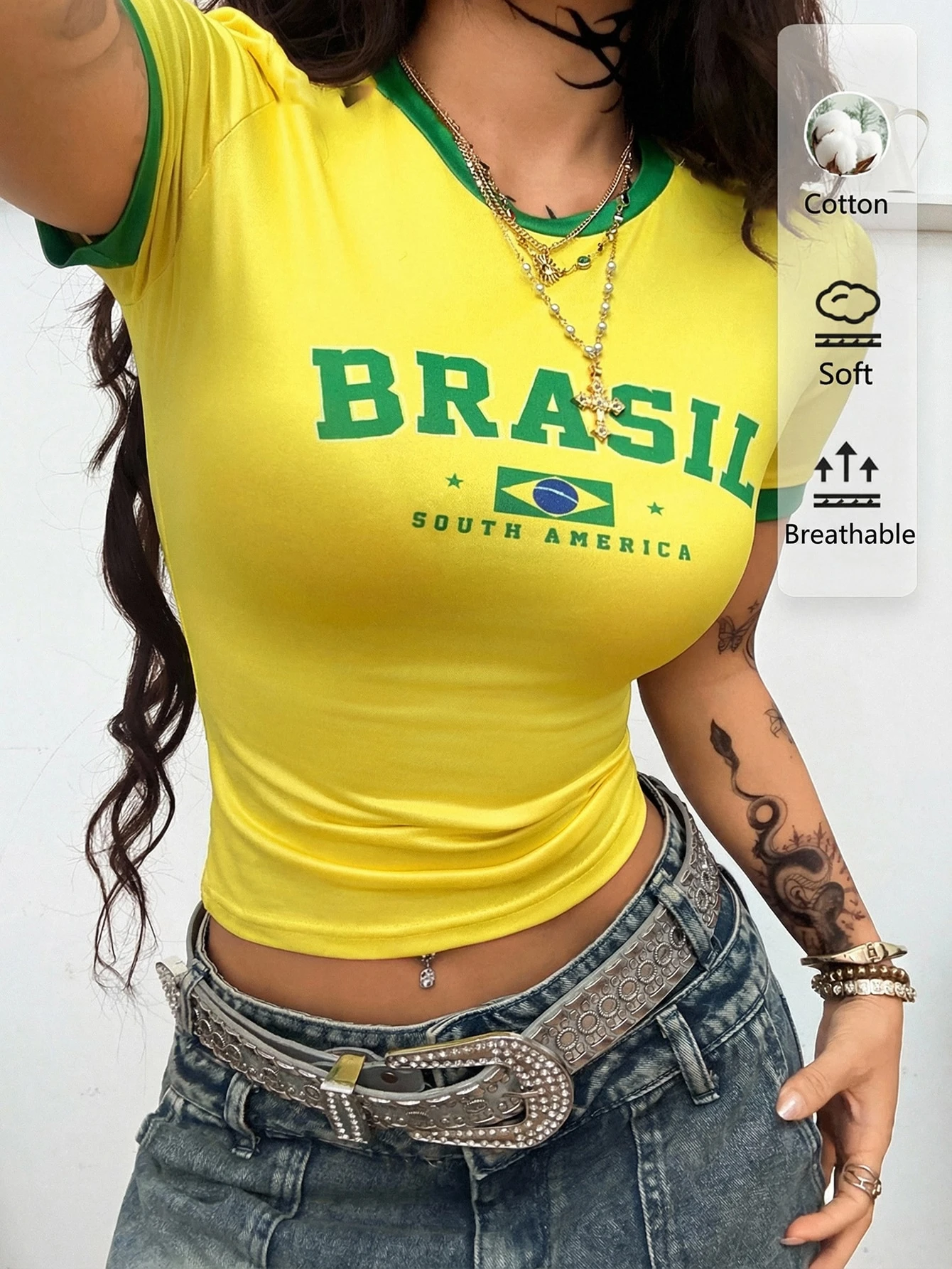 Coolane Top style maillot de basket pour femme avec imprimé lettres graphique Brésil jaune et vert, coton, streetwear d'été, city break, hip hop Y2K rétro vintage sport — vue 6