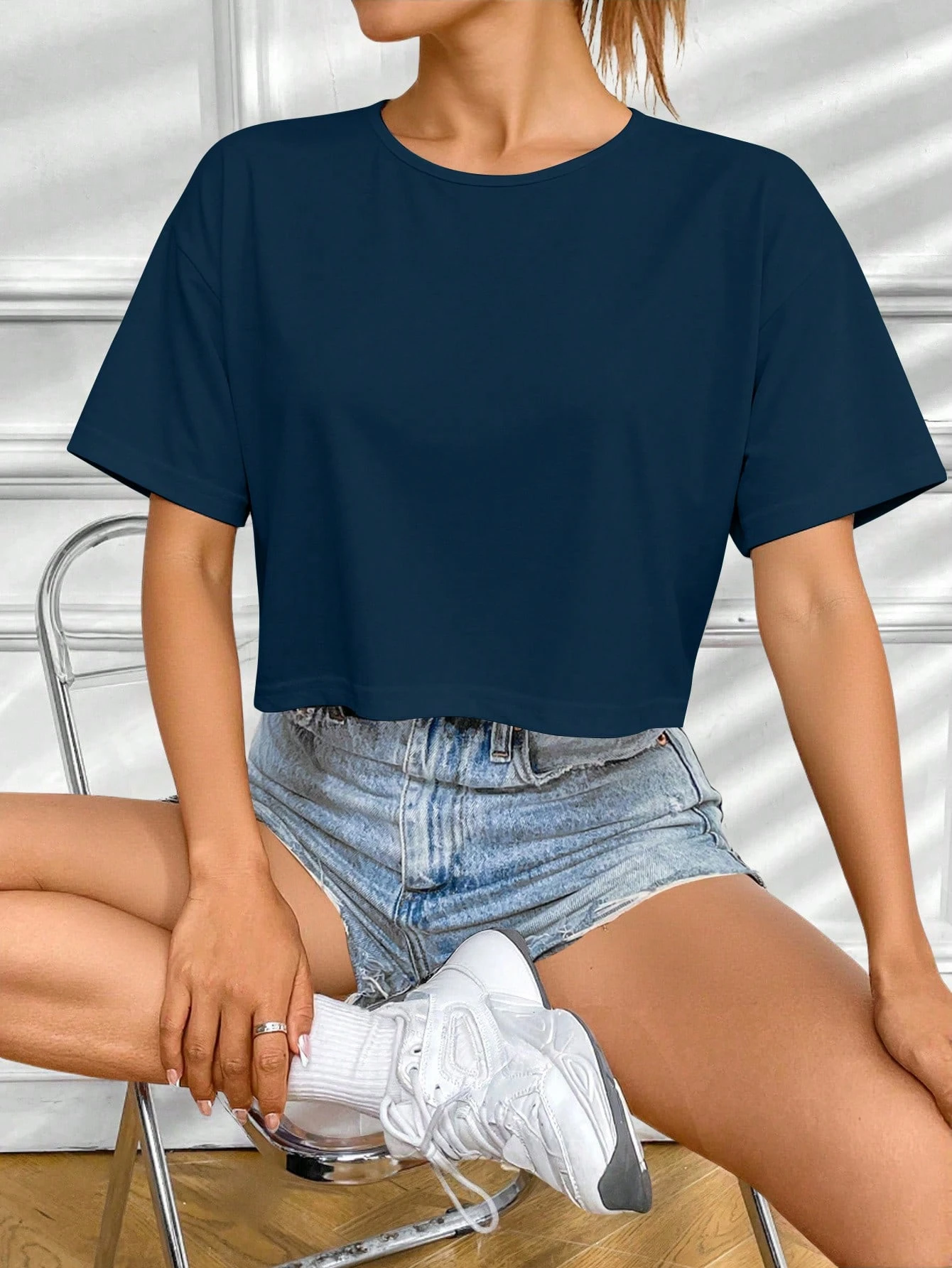 NAWLY T-shirt décontracté ample à épaules tombantes de couleur unie pour femmes, polyvalent pour le port quotidien et les trajets, été — vue 10