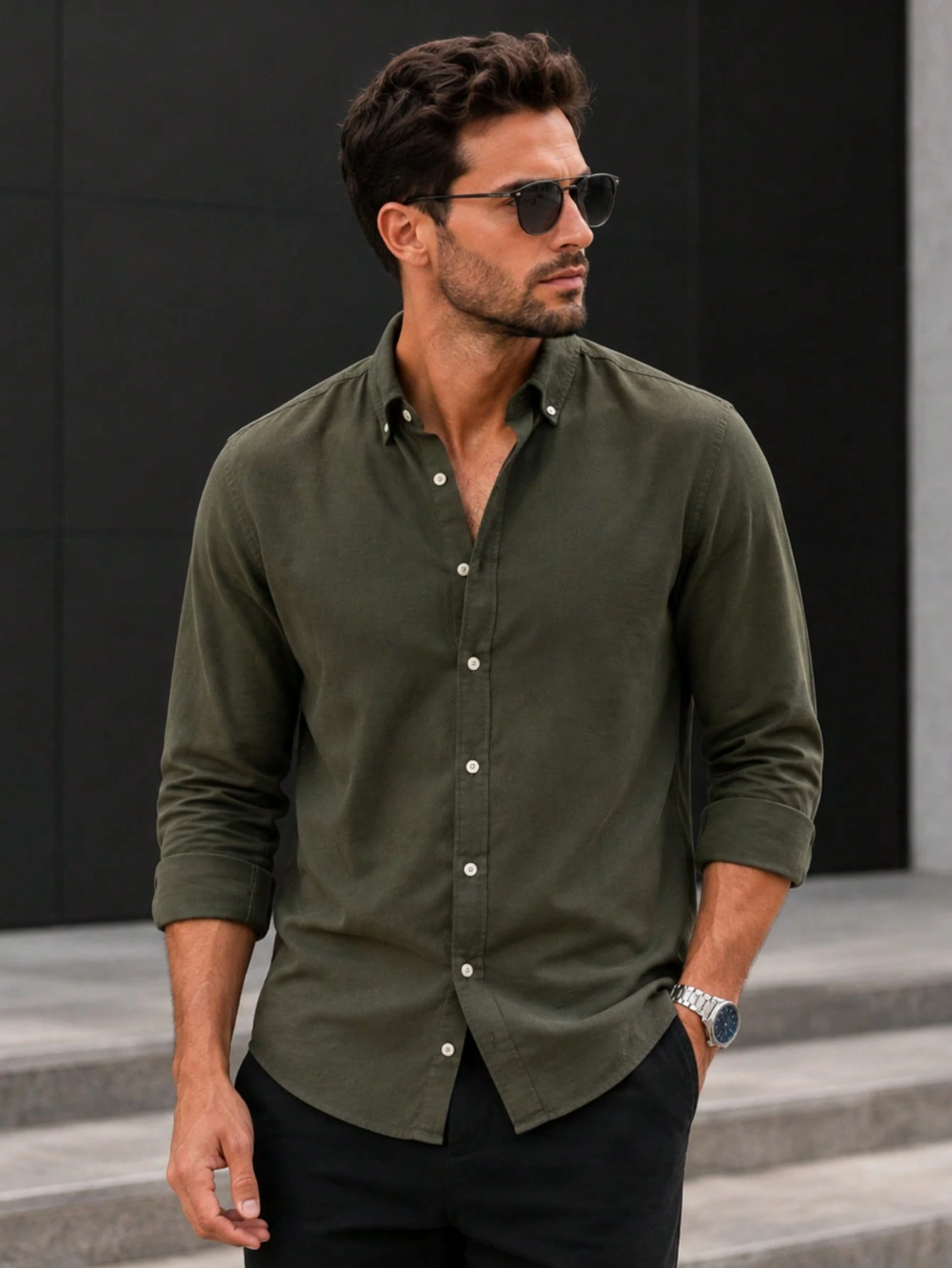 Chemise en lin pour hommes 100% coton, respirante, légère, col boutonné