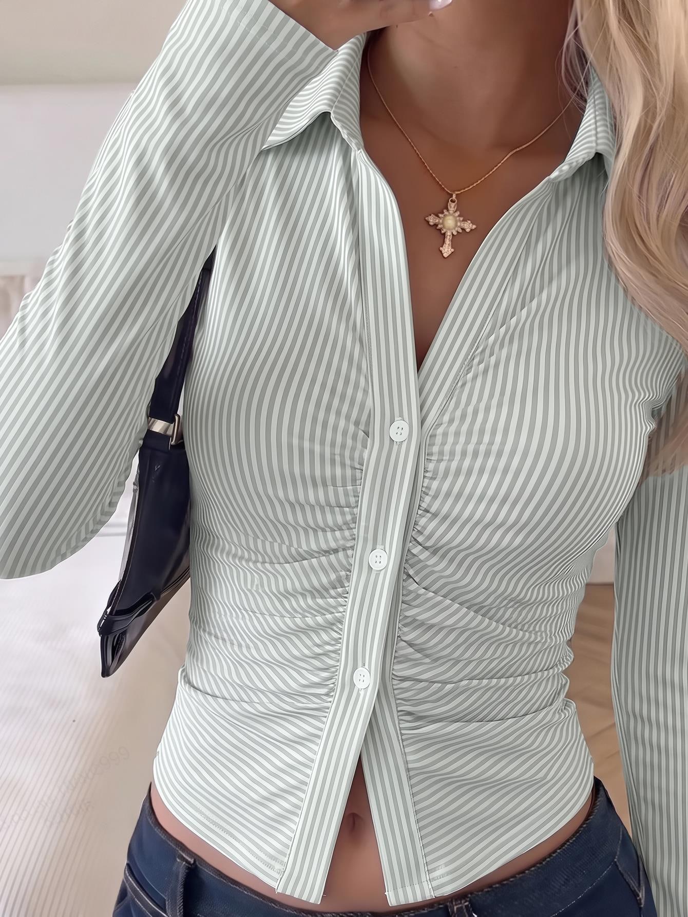 EZwear Tee-shirt moulant à manches longues en tricot 95% coton blanc - Élégant — vue 8
