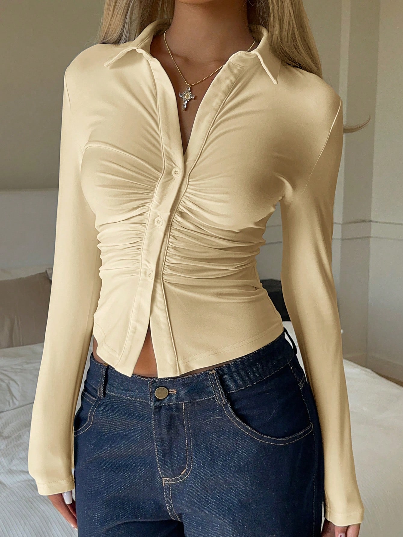 EZwear Tee-shirt moulant à manches longues en tricot 95% coton blanc - Élégant — vue 14