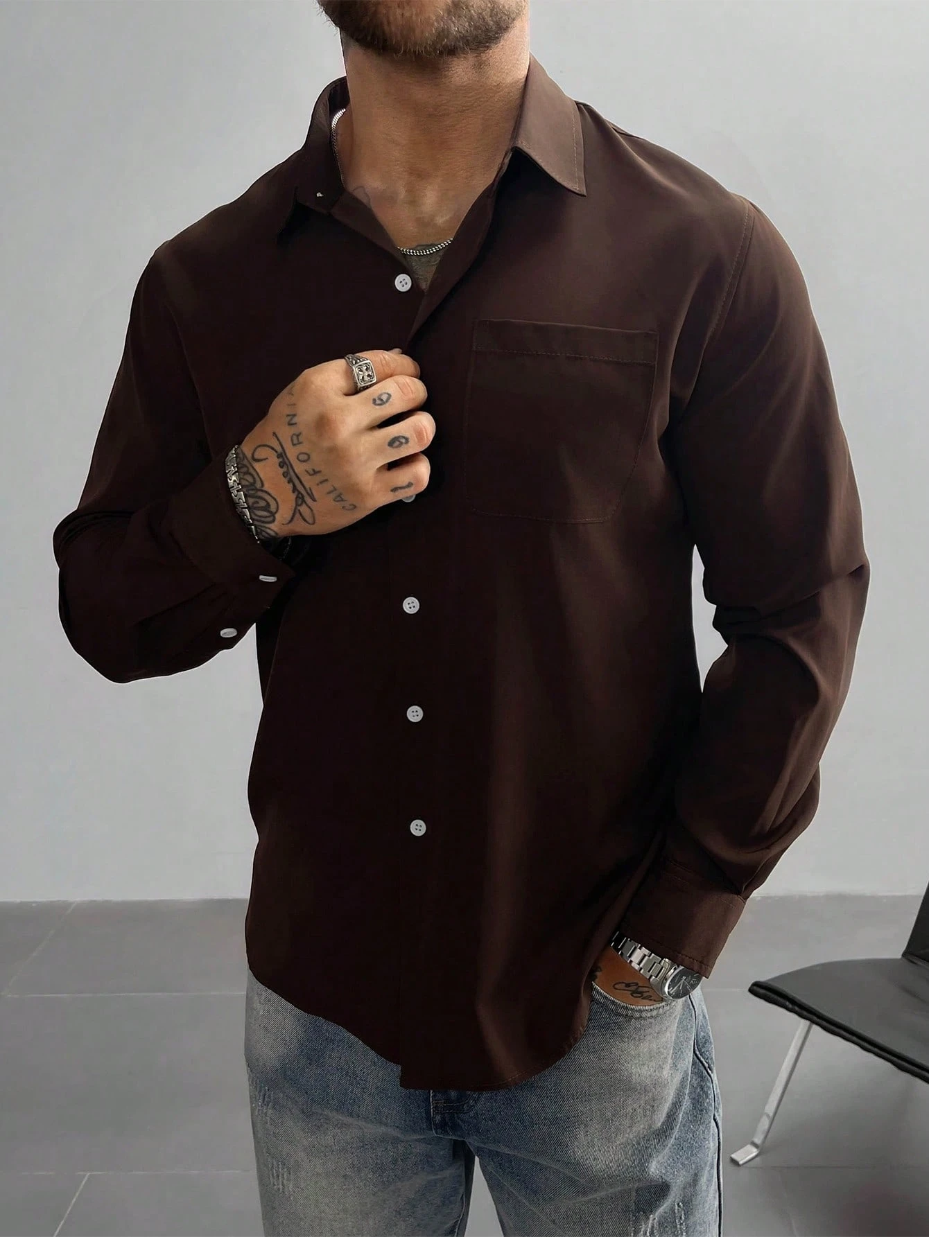 GloMan Chemise formelle marron pour homme style Old Money, manches longues à bouton — vue 2