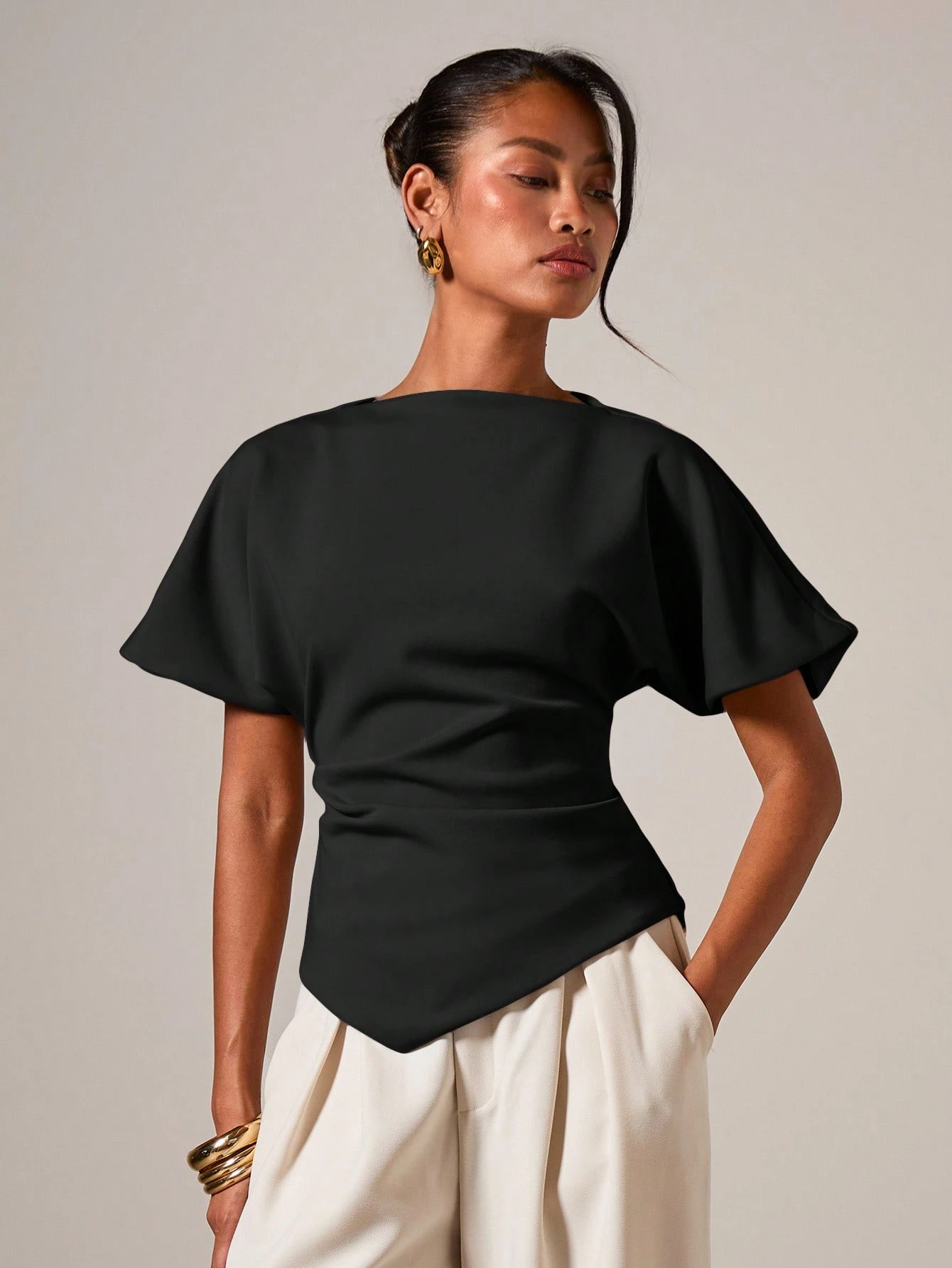 COSMINA T-shirt rond élégant à fronces pour femmes, convenant à toutes les saisons