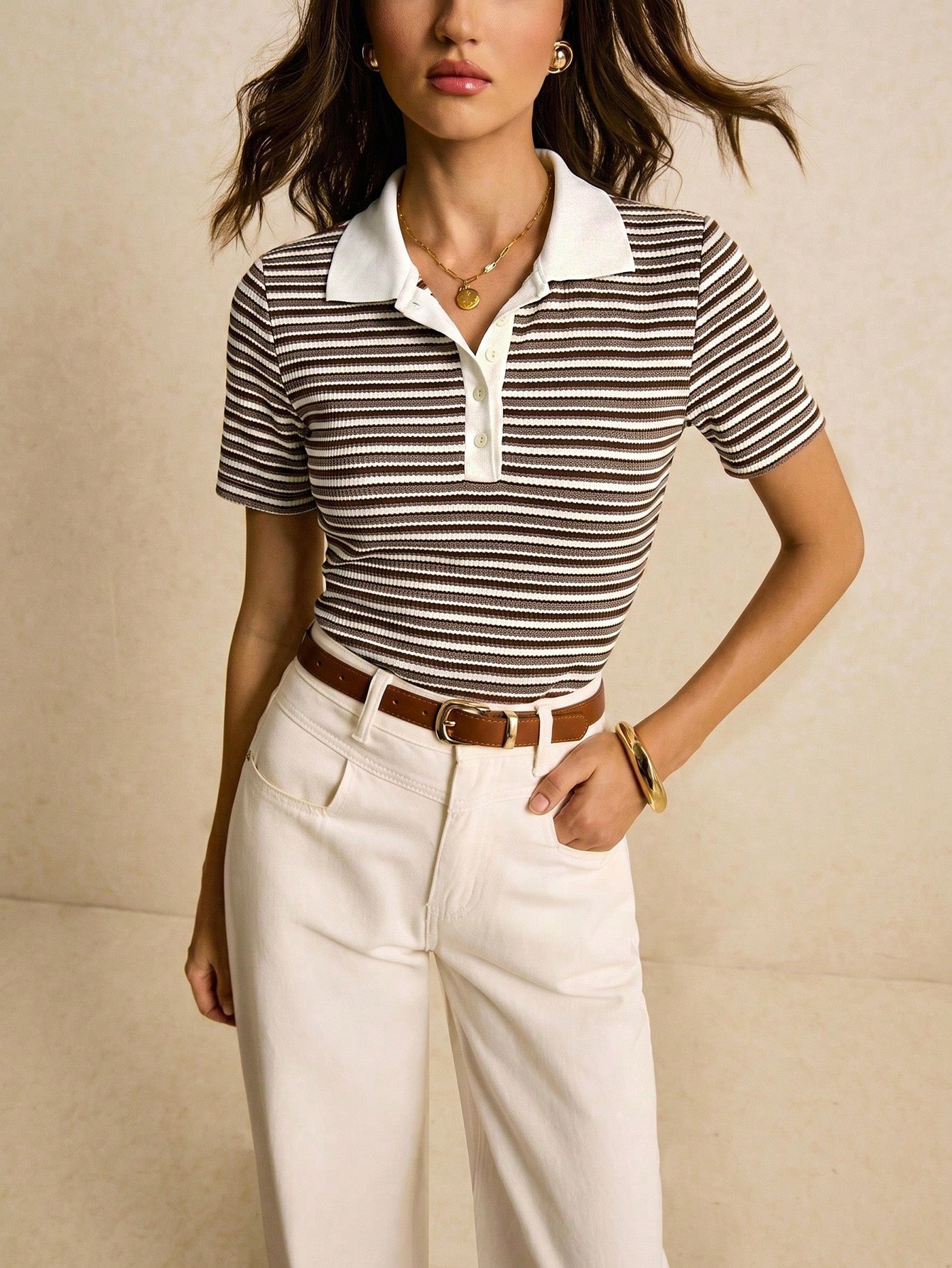 Poéselle T-shirt décontracté à col polo rayé et manches courtes pour femmes — vue 6