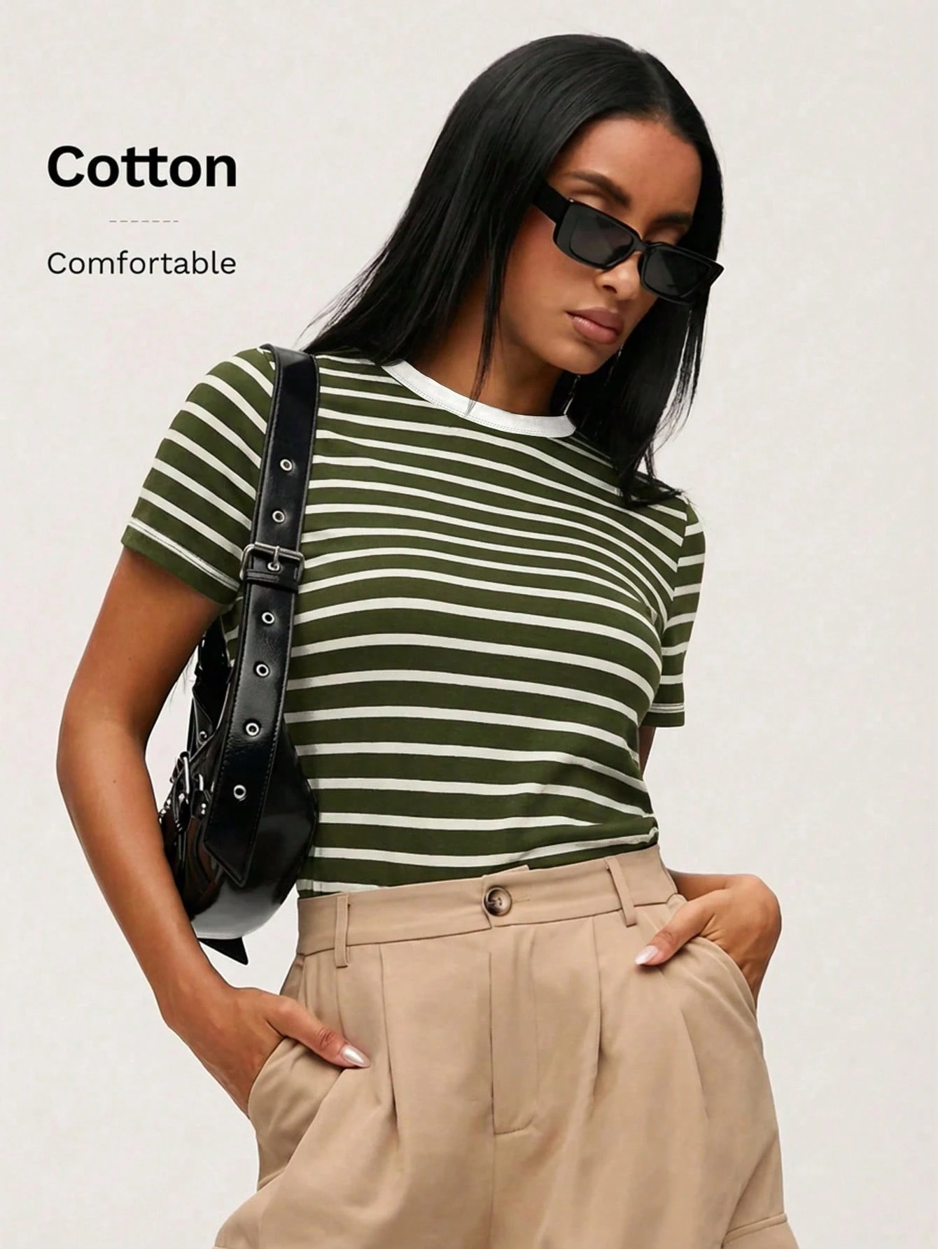 BASICS T-shirt décontracté à imprimé rayé col rond, été pour femmes