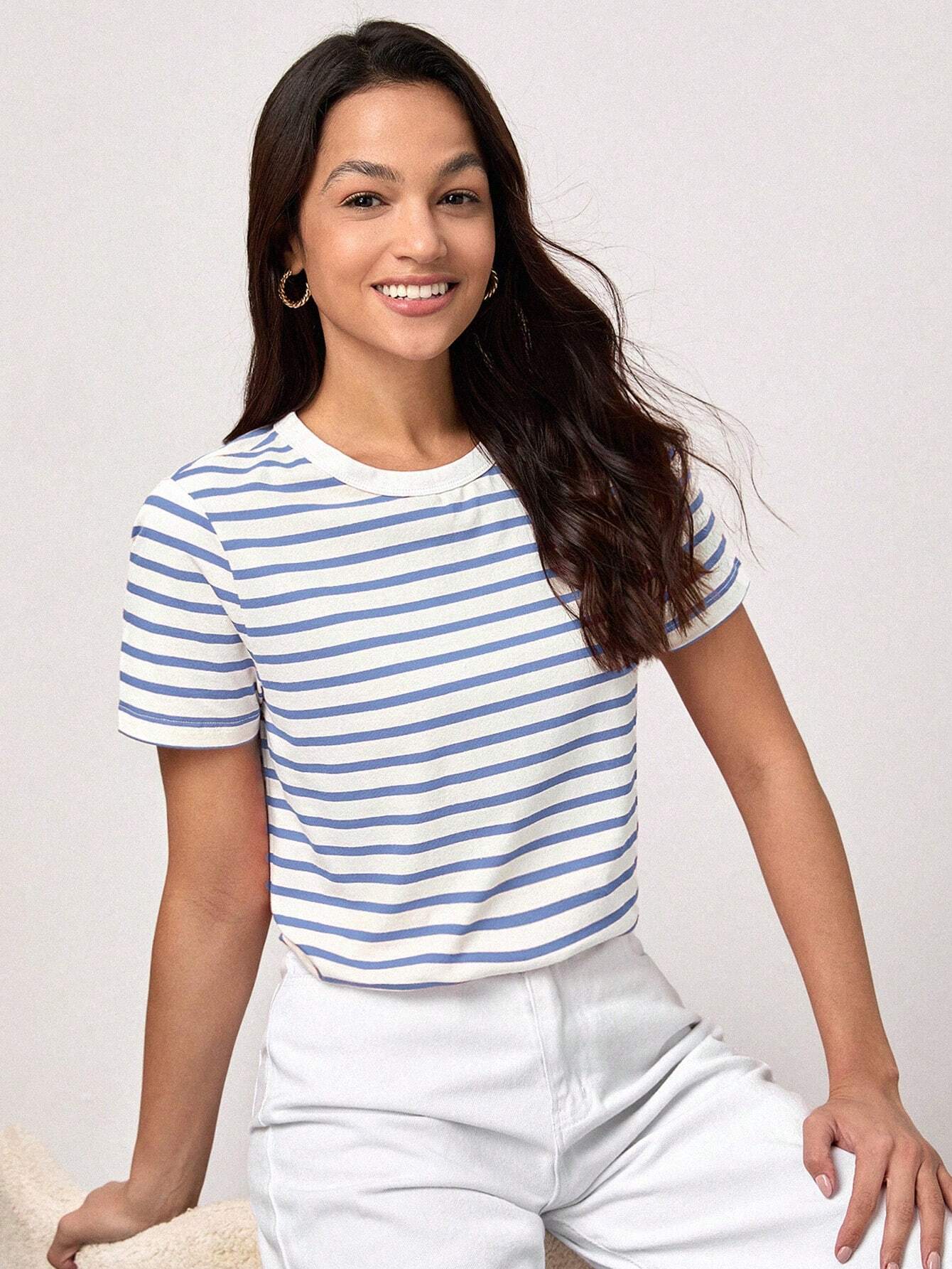 BASICS T-shirt décontracté à imprimé rayé col rond, été pour femmes — vue 4