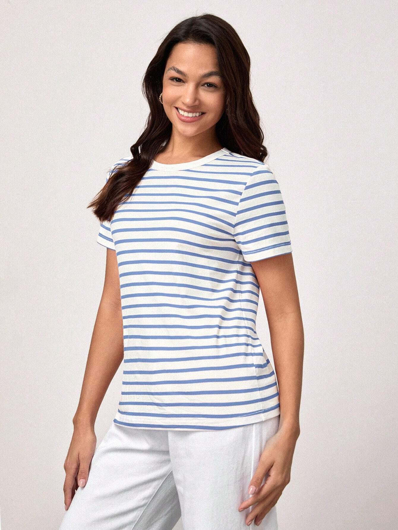 BASICS T-shirt décontracté à imprimé rayé col rond, été pour femmes — vue 5