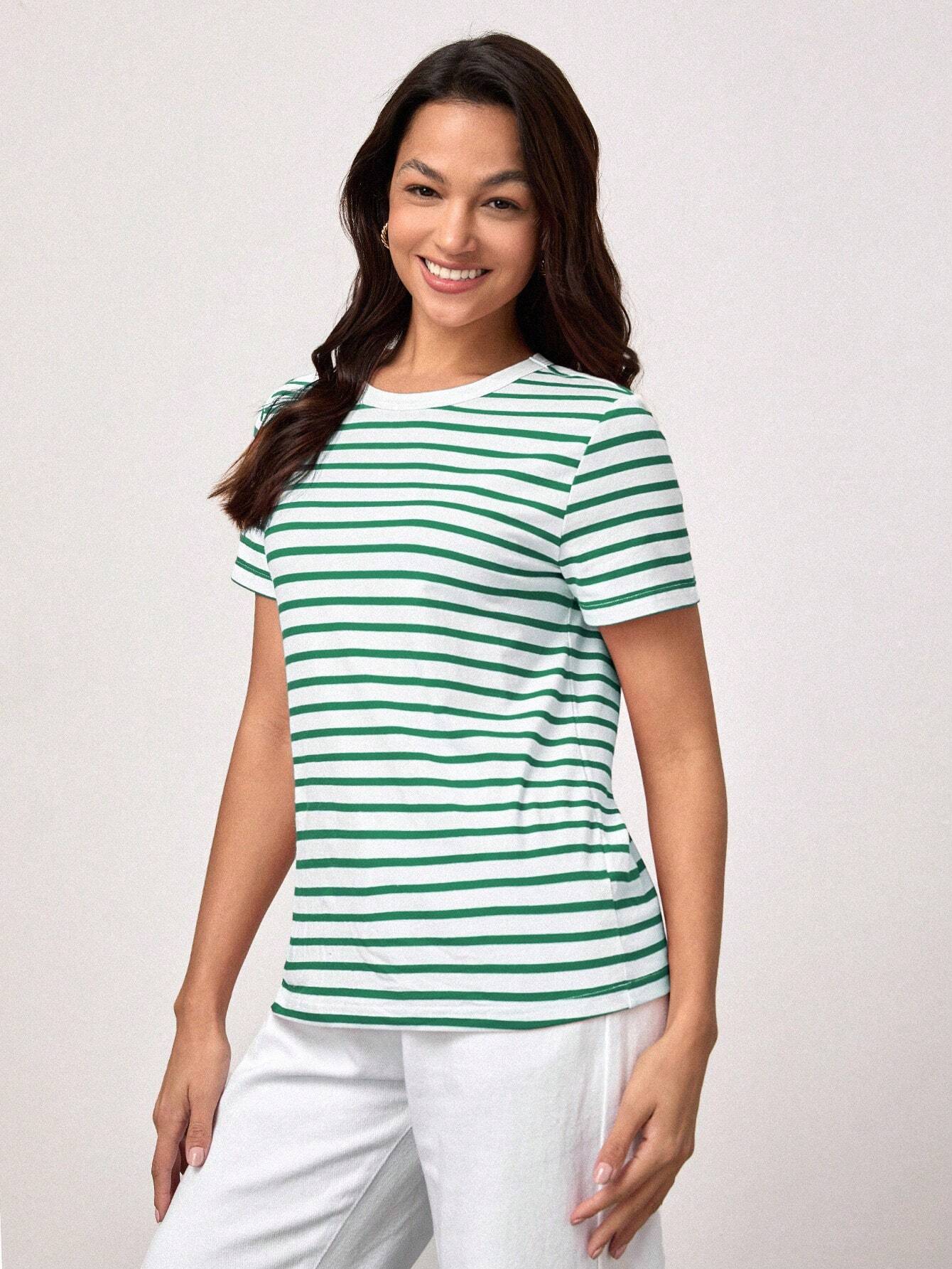 BASICS T-shirt décontracté à imprimé rayé col rond, été pour femmes — vue 7