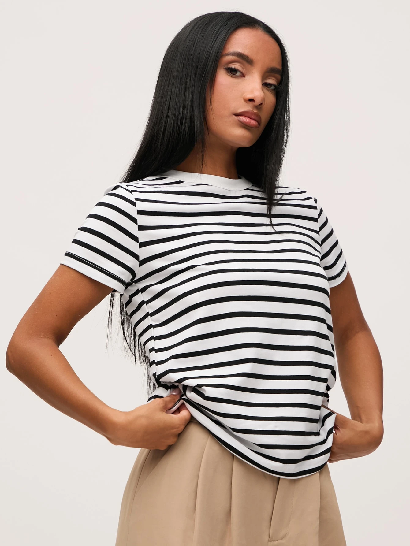 BASICS T-shirt décontracté à imprimé rayé col rond, été pour femmes — vue 10