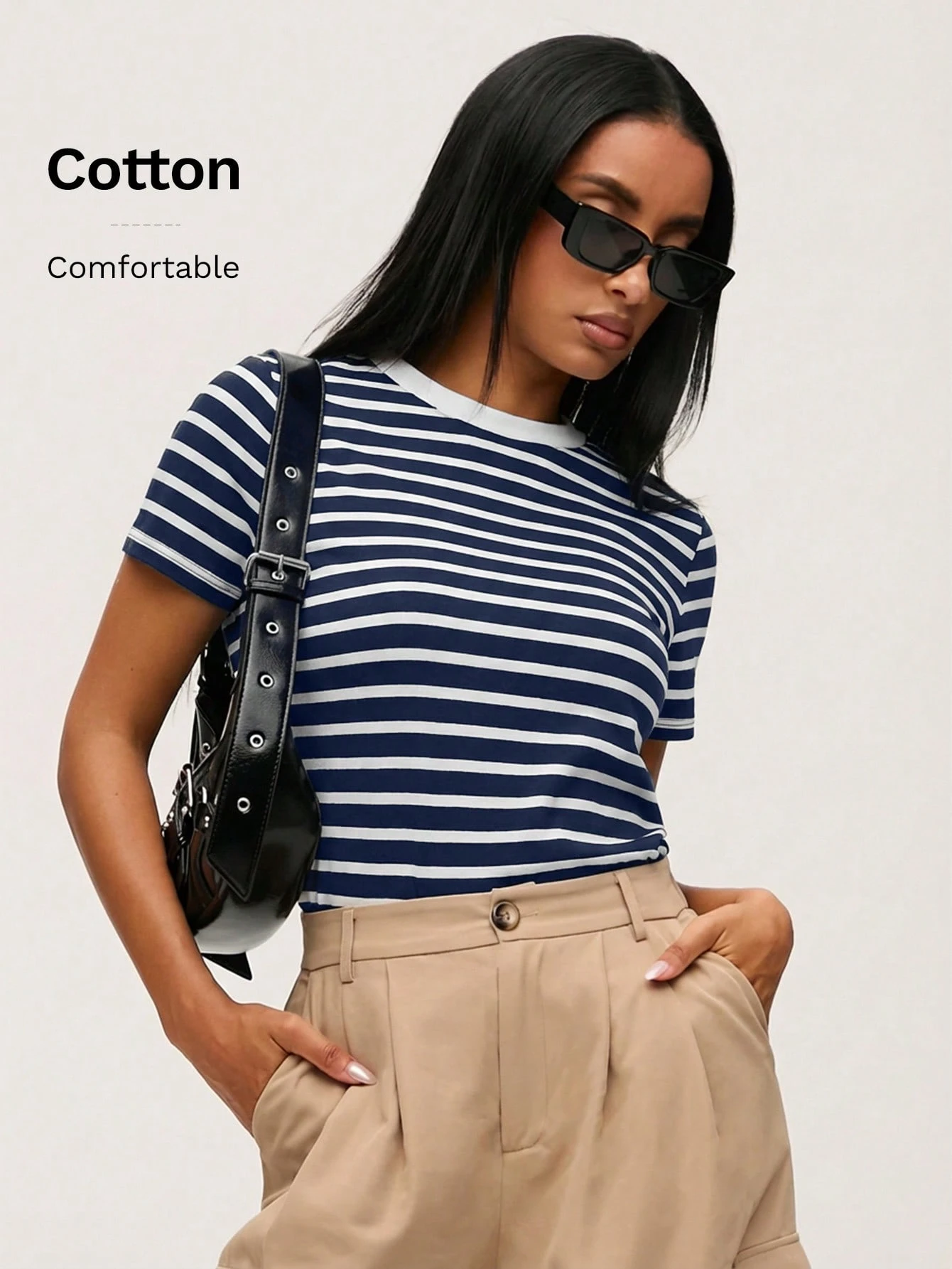 BASICS T-shirt décontracté à imprimé rayé col rond, été pour femmes — vue 12