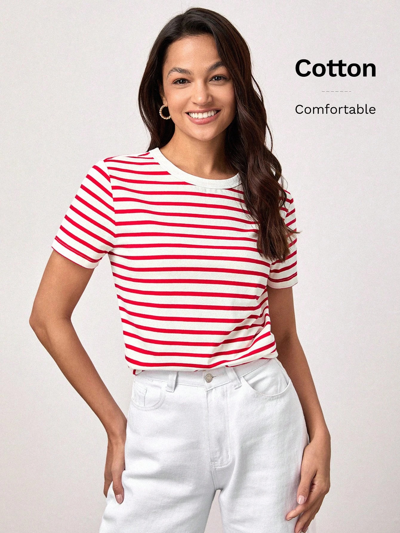 BASICS T-shirt décontracté à imprimé rayé col rond, été pour femmes — vue 13