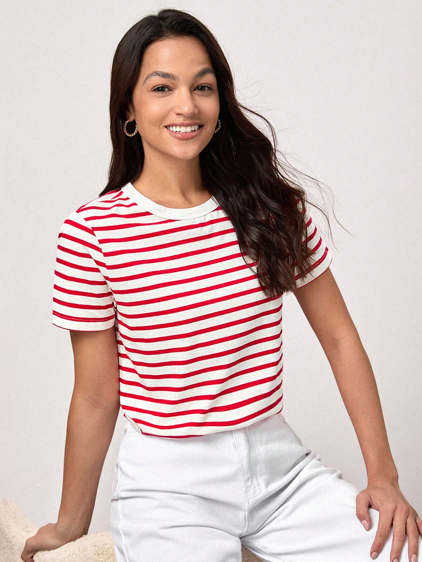 BASICS T-shirt décontracté à imprimé rayé col rond, été pour femmes — vue 14