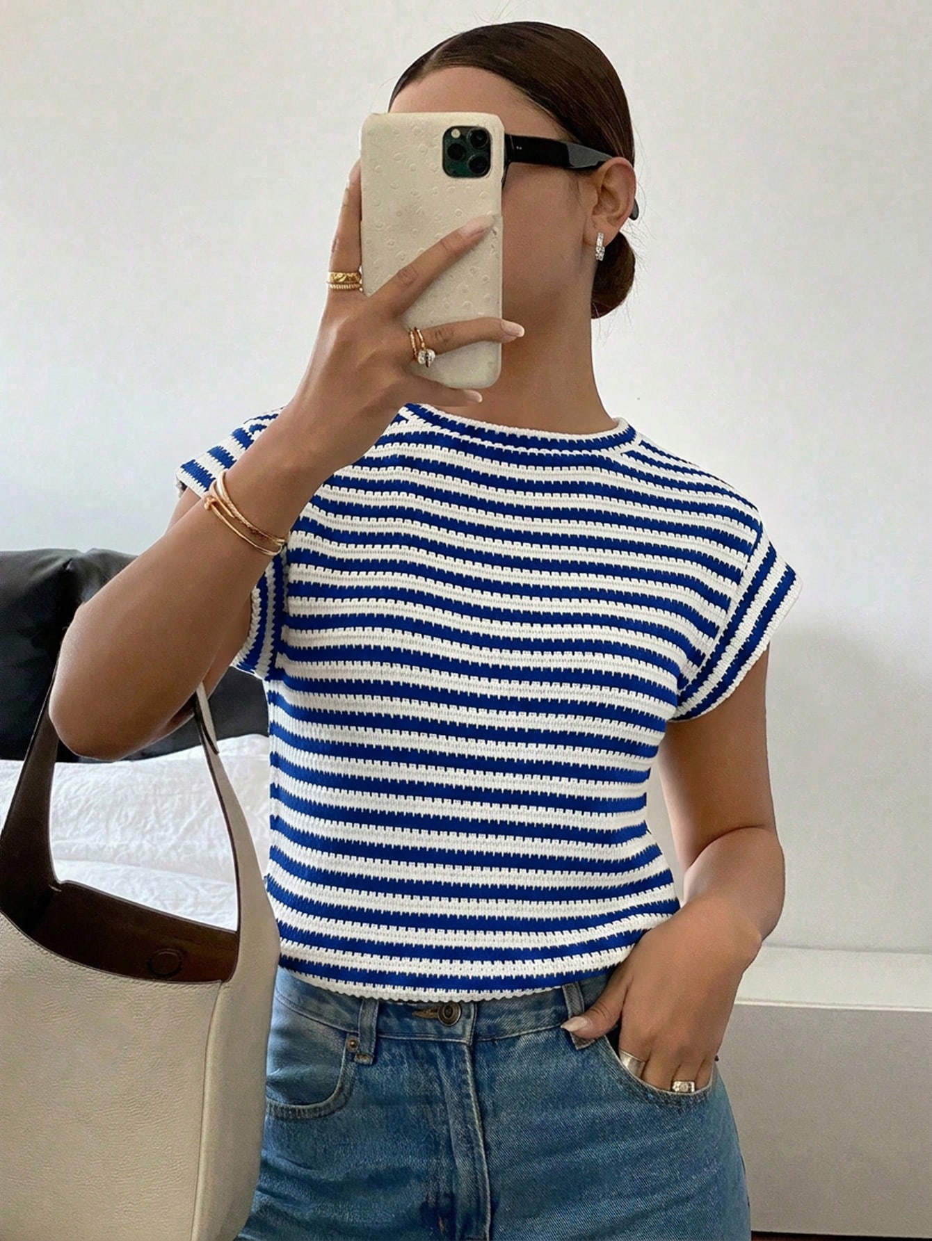 Siren Gaze T-shirt décontracté polyvalent à porter au quotidien, col rond, rayé, — vue 11