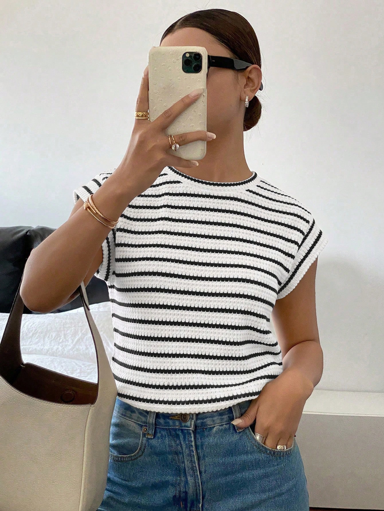 Siren Gaze T-shirt décontracté polyvalent à porter au quotidien, col rond, rayé, — vue 15