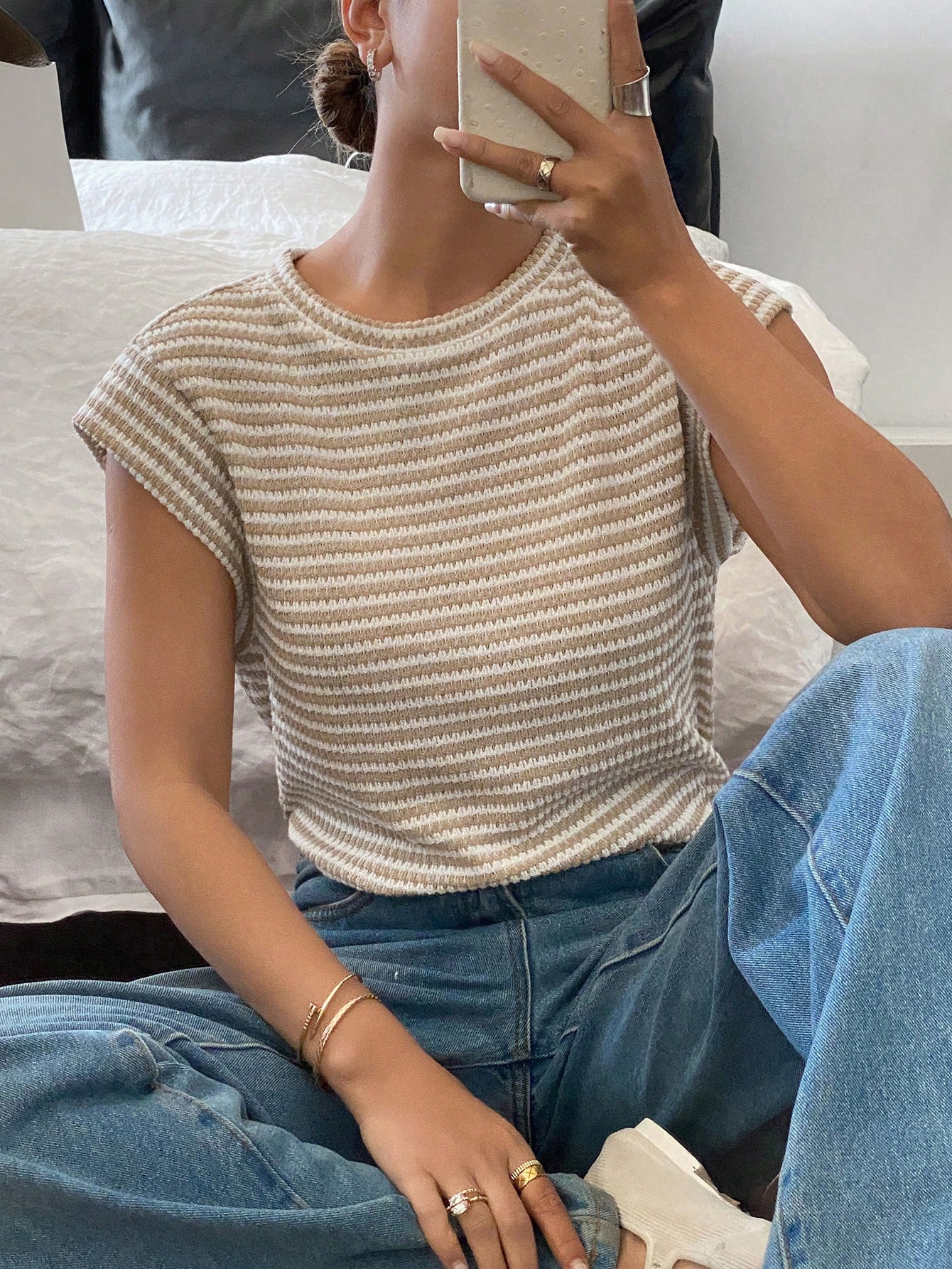 Siren Gaze T-shirt décontracté polyvalent à porter au quotidien, col rond, rayé, — vue 19
