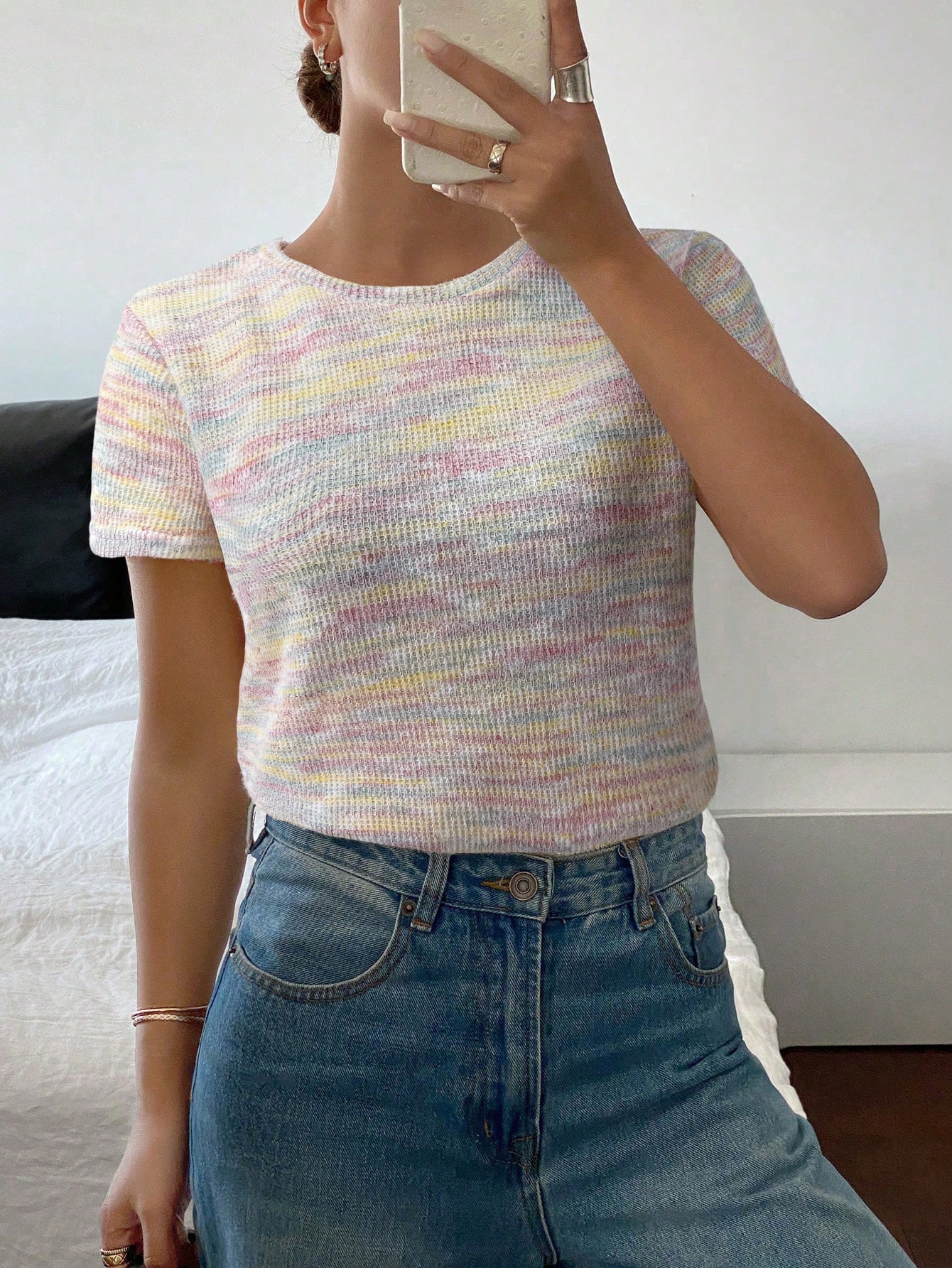 Siren Gaze T-shirt casual à col rond à manches courtes pour femmes, avec blocs — vue 5