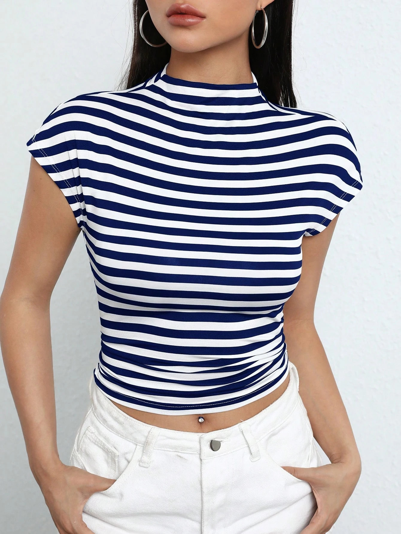 EZwear T-Shirt Court À Rayures Manches Chauve-Souris