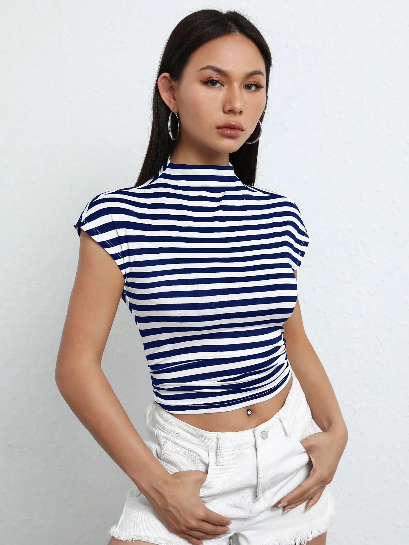 EZwear T-Shirt Court À Rayures Manches Chauve-Souris — vue 3