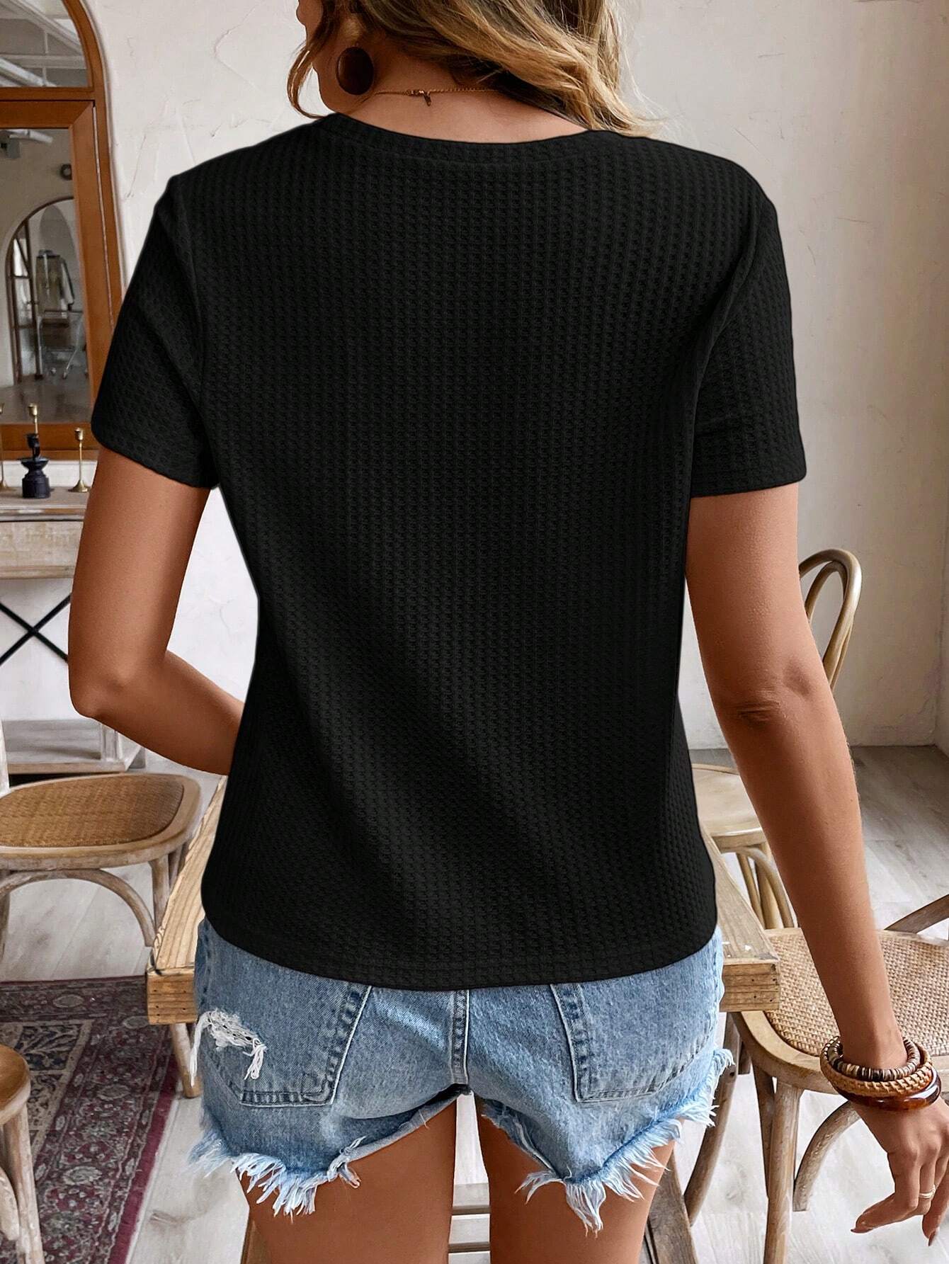 Frenchy T-shirt décontracté à manches courtes printemps-été de couleur unie col rond — vue 2