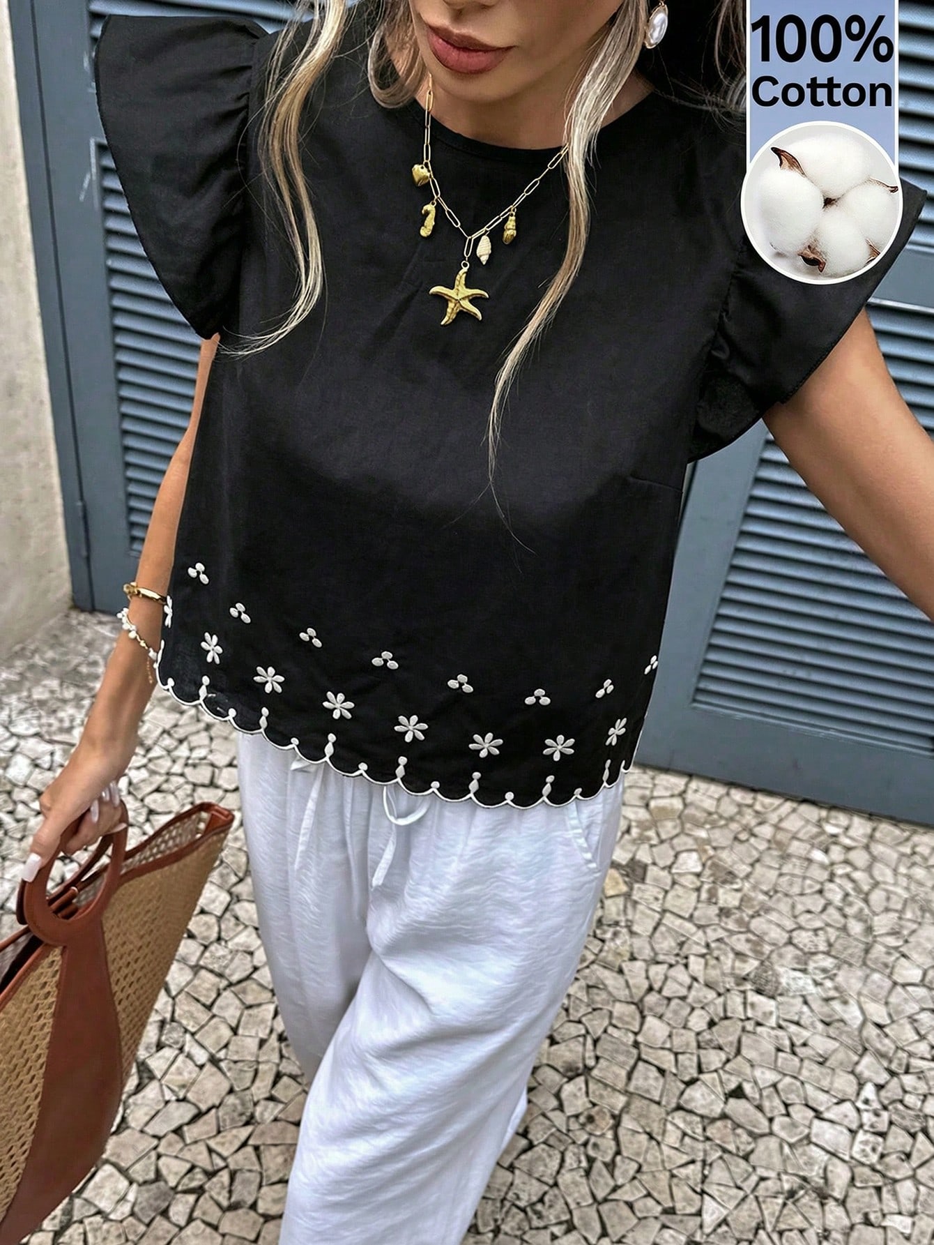 Serisse Blouse d'été décontractée pour femmes en 100% coton avec broderie florale — vue 2