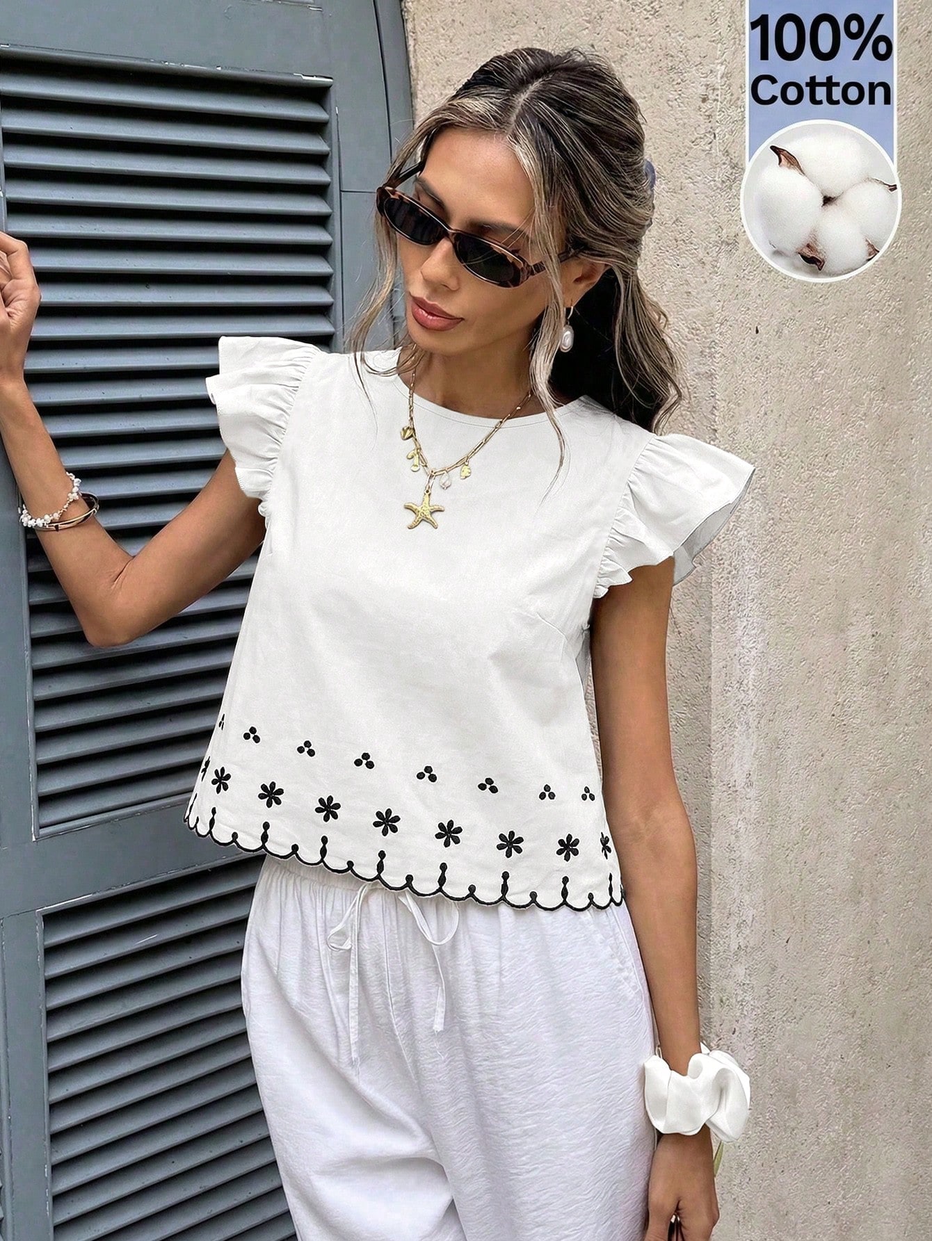 Serisse Blouse d'été décontractée pour femmes en 100% coton avec broderie florale — vue 4
